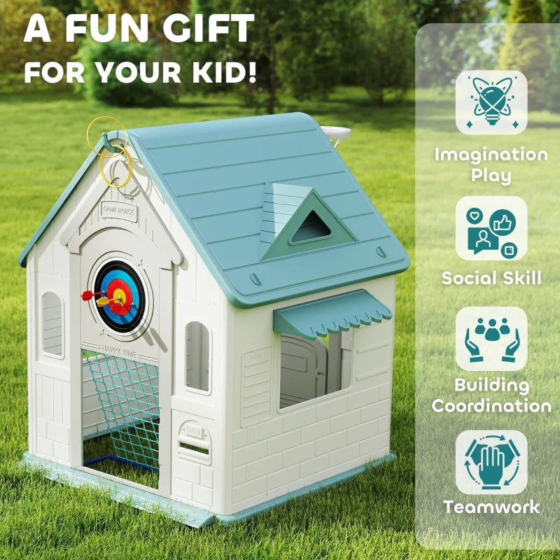 5-in-1 Playhouse for Kids Outdoor Indoor with Basketball Hoop, Football Goal, Dartboard, Ring Toss, Beige - Image 5