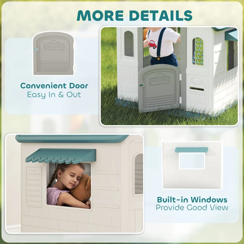 5-in-1 Playhouse for Kids Outdoor Indoor with Basketball Hoop, Football Goal, Dartboard, Ring Toss, Beige - Image 6