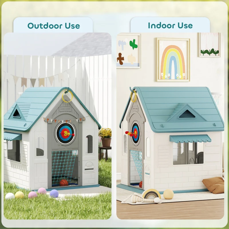 5-in-1 Playhouse for Kids Outdoor Indoor with Basketball Hoop, Football Goal, Dartboard, Ring Toss, Beige - Image 7