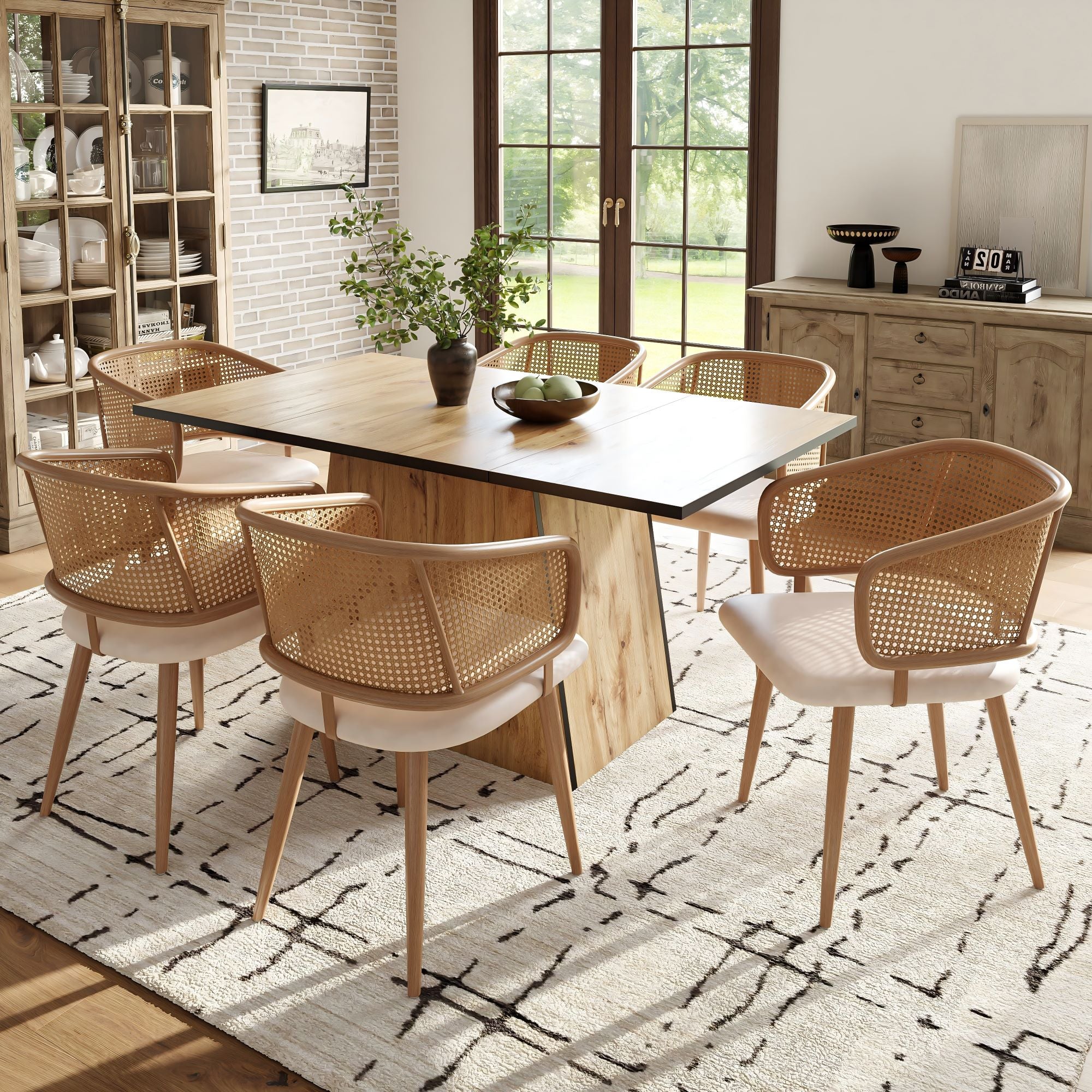 6 Dining Chairs, Modern Rattan Backrest PU Leather Seat, Rattan/PU Leather