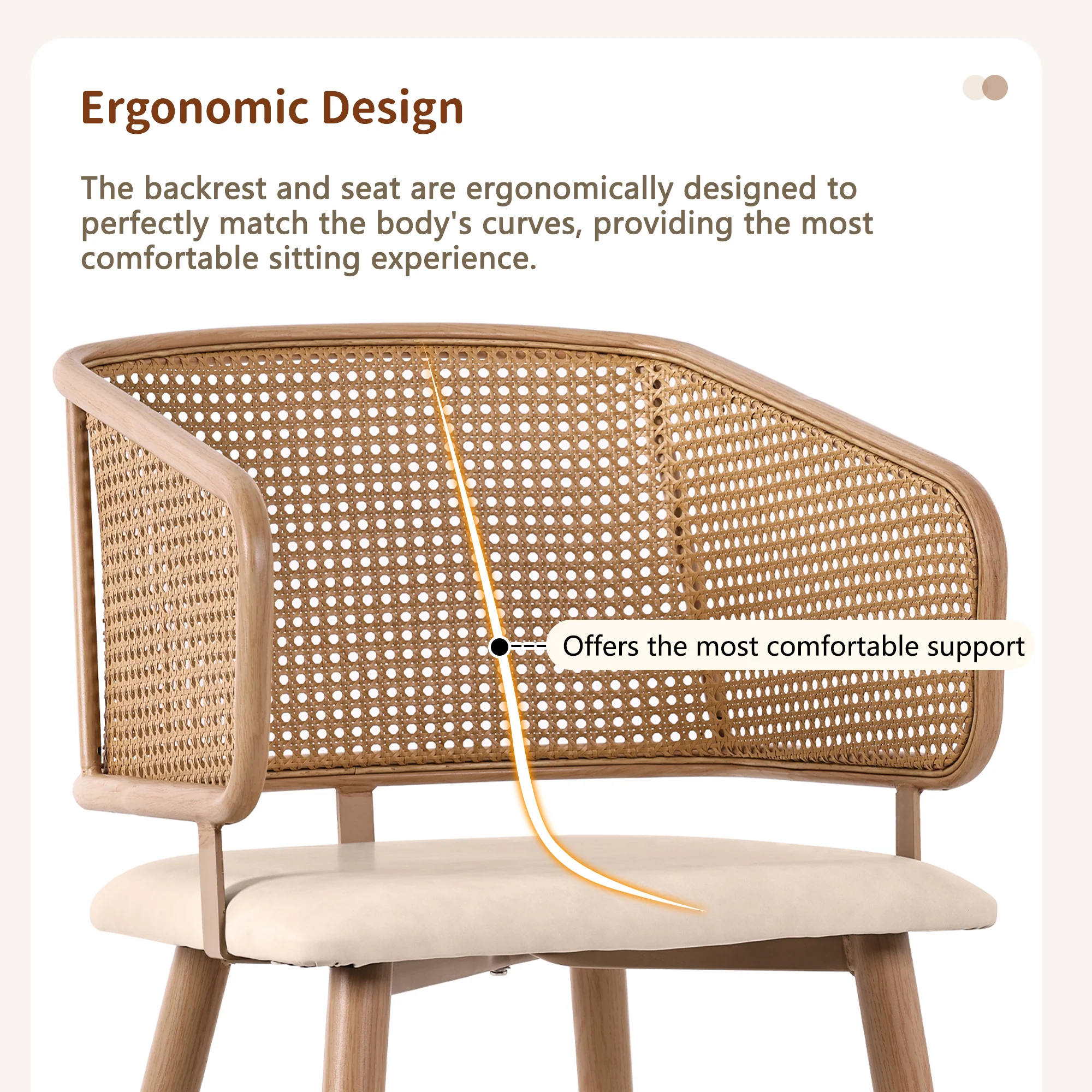 6 Dining Chairs, Modern Rattan Backrest PU Leather Seat, Rattan/PU Leather - Image 10