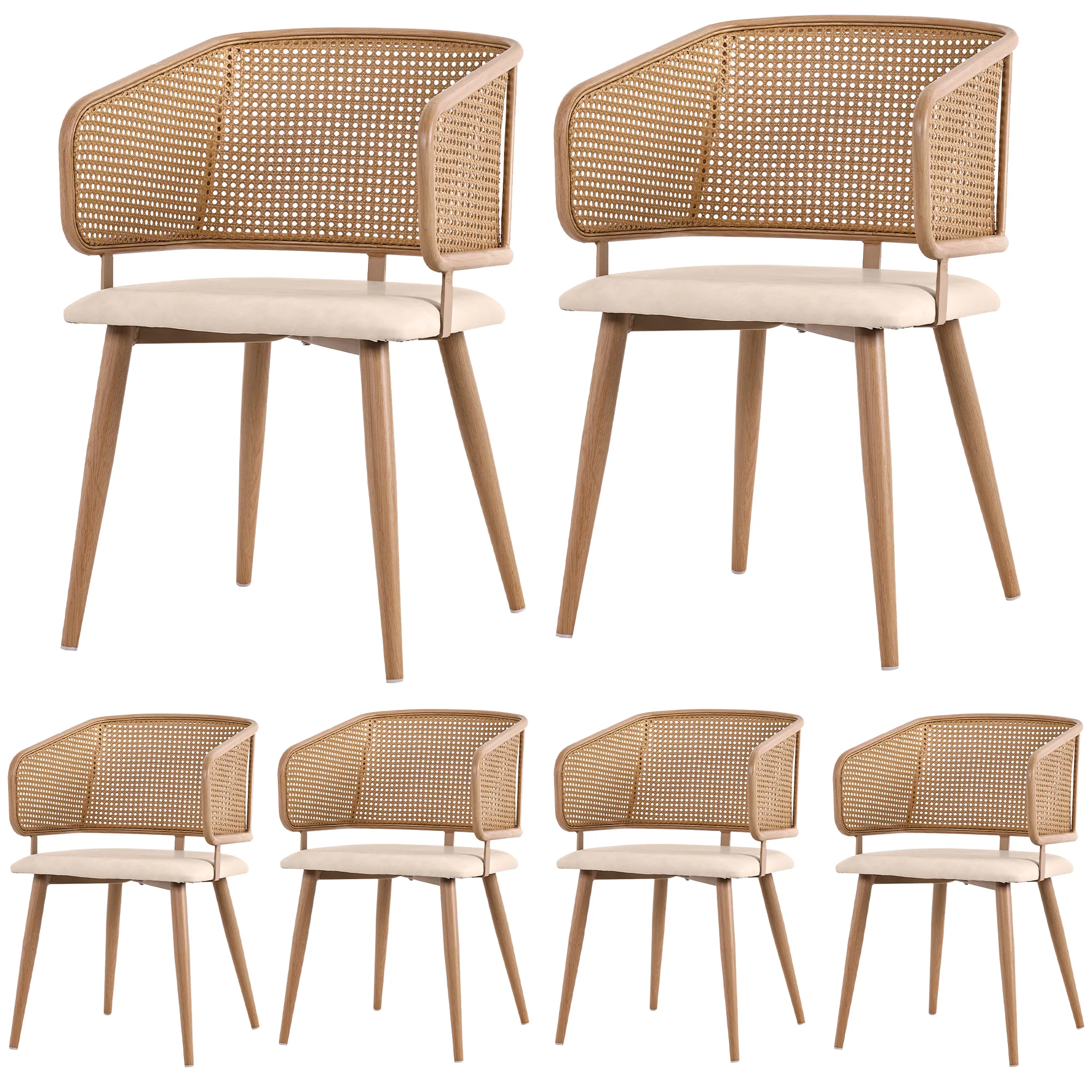 6 Dining Chairs, Modern Rattan Backrest PU Leather Seat, Rattan/PU Leather - Image 2