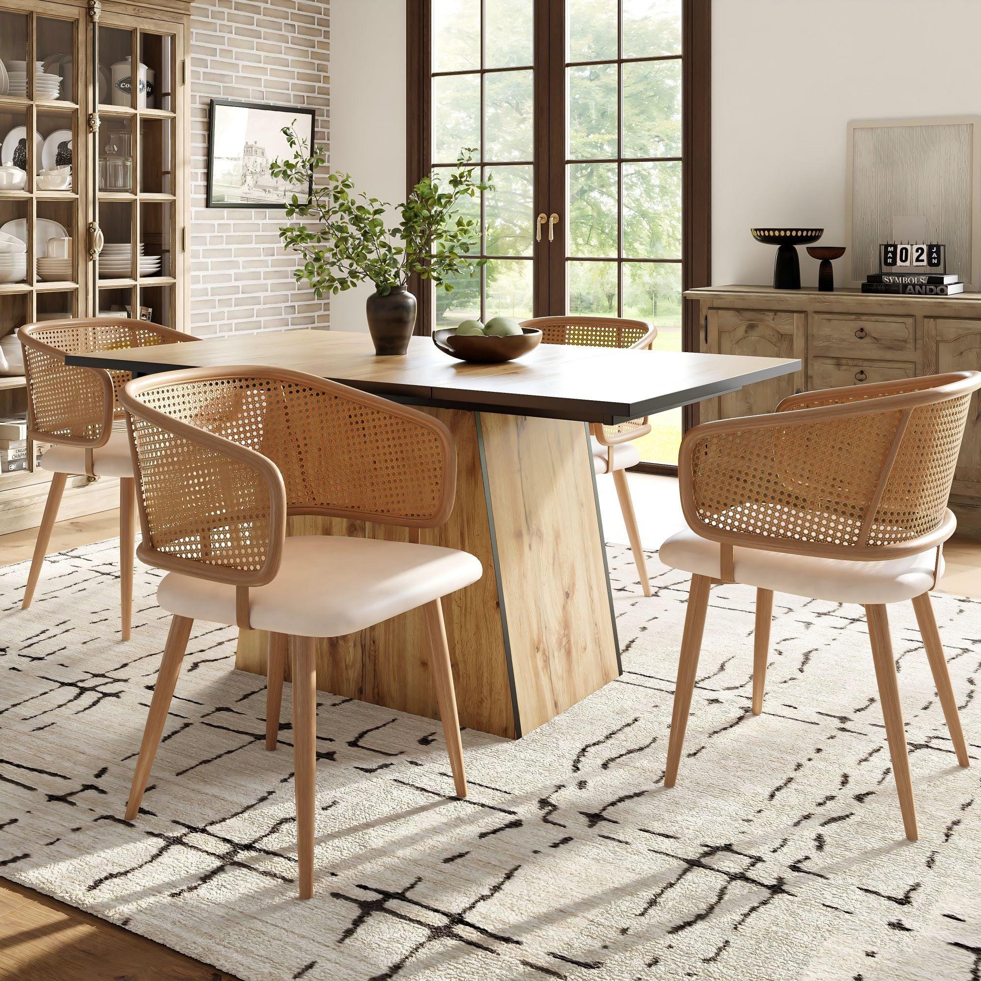 6 Dining Chairs, Modern Rattan Backrest PU Leather Seat, Rattan/PU Leather - Image 3