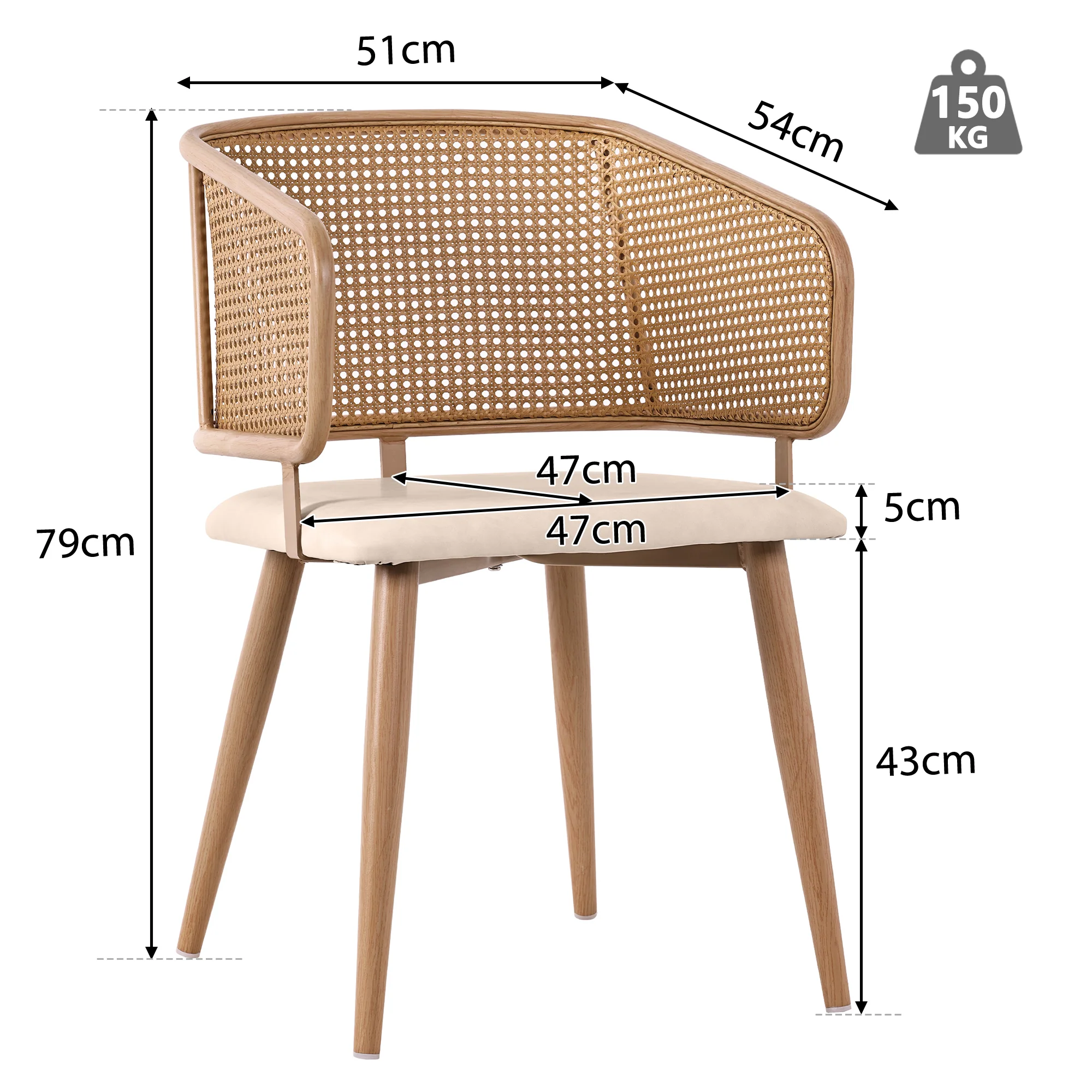 6 Dining Chairs, Modern Rattan Backrest PU Leather Seat, Rattan/PU Leather - Image 5