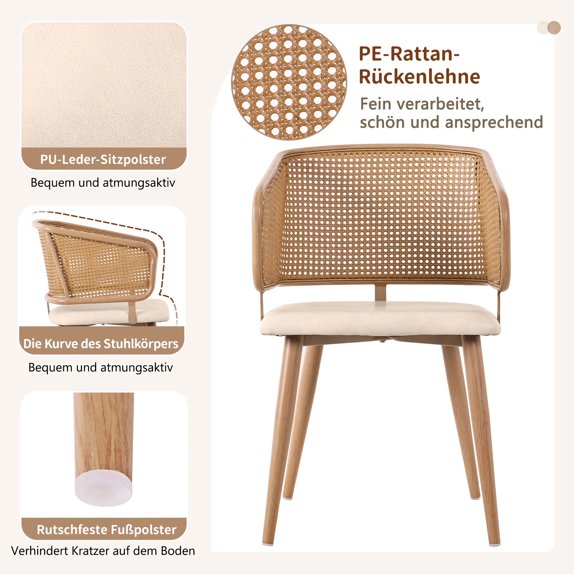 6 Dining Chairs, Modern Rattan Backrest PU Leather Seat, Rattan/PU Leather - Image 6