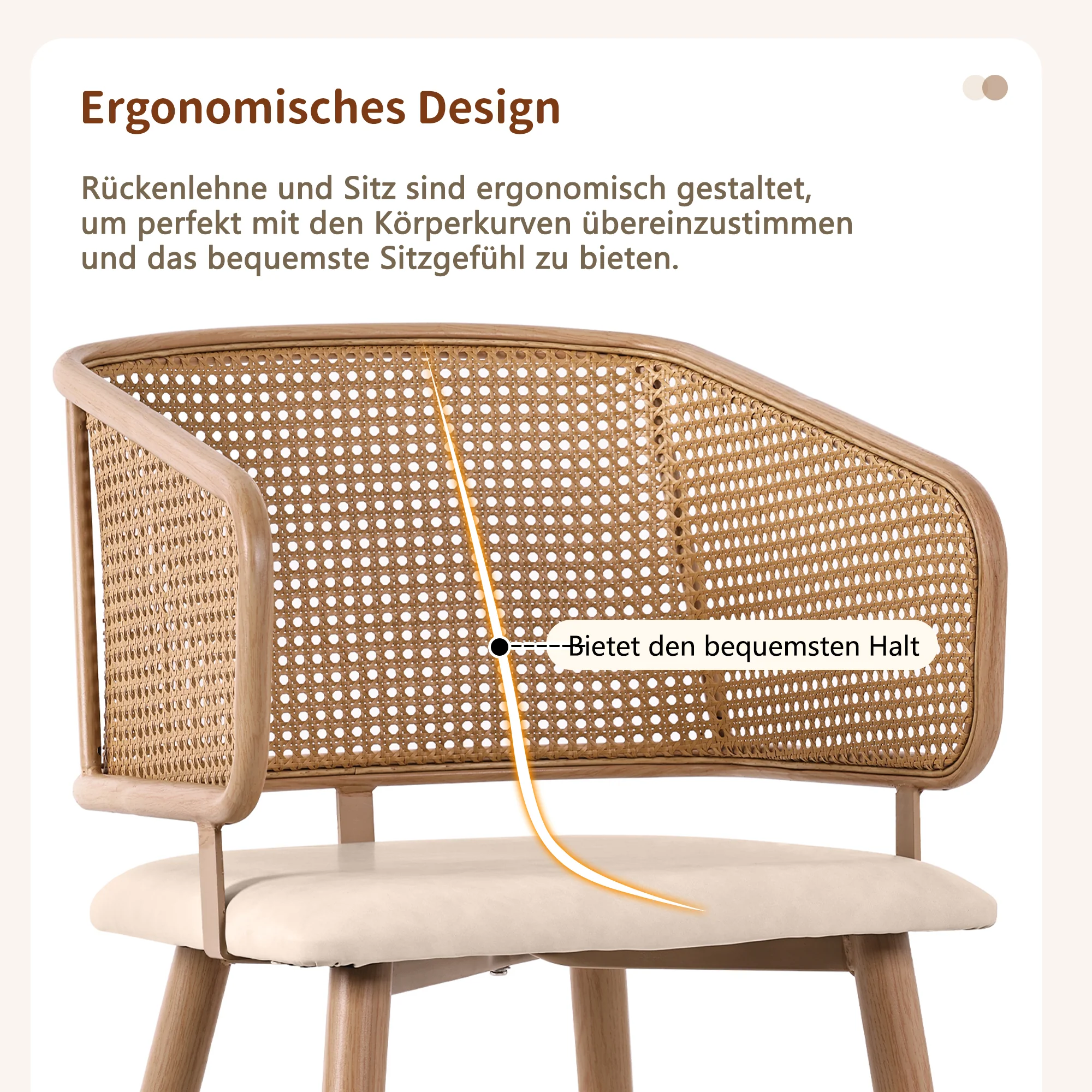 6 Dining Chairs, Modern Rattan Backrest PU Leather Seat, Rattan/PU Leather - Image 7