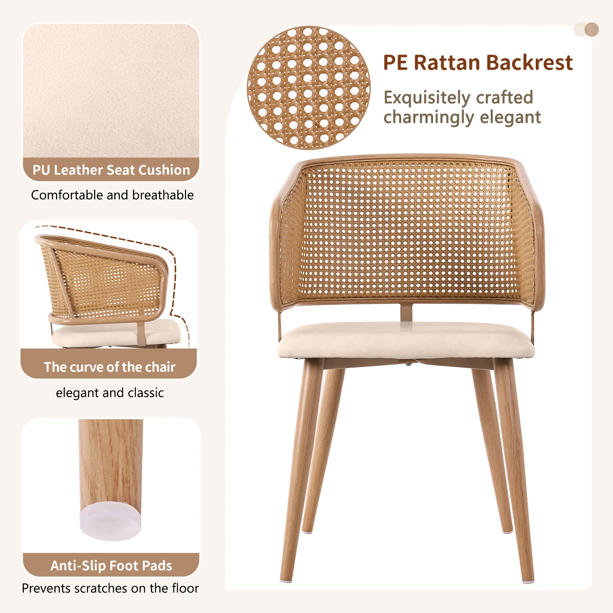 6 Dining Chairs, Modern Rattan Backrest PU Leather Seat, Rattan/PU Leather - Image 9