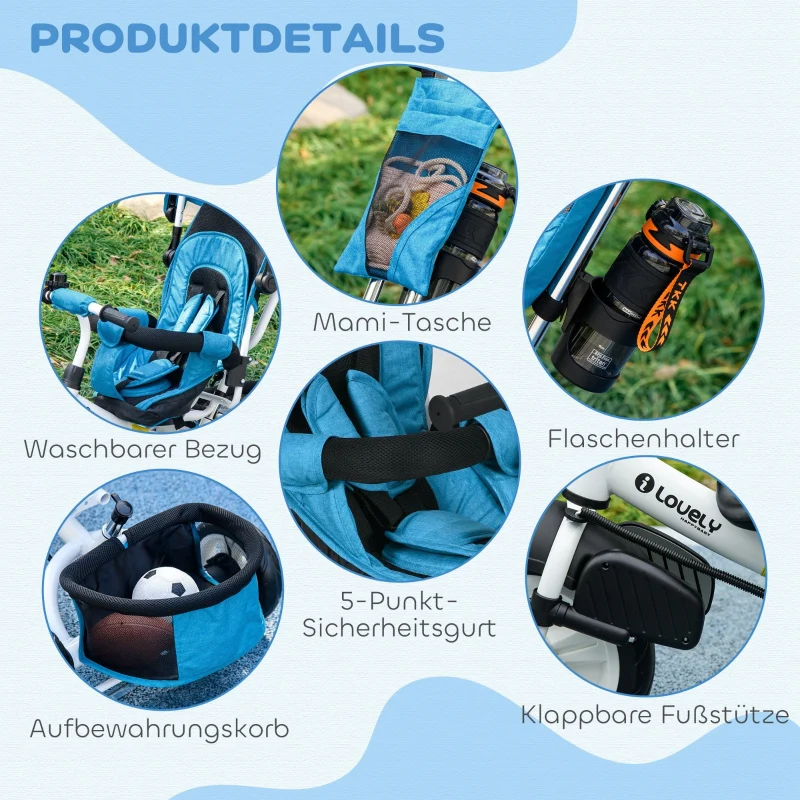 6-in-1 tricycle with push bar, removable sun canopy, 5-point safety harness, blue - Image 7