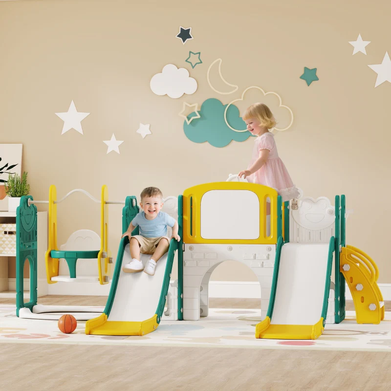 9-in-1 Toddler Slide and Swing Set with Basketball Hoop, Telescope and Drawing Board, Yellow and Green