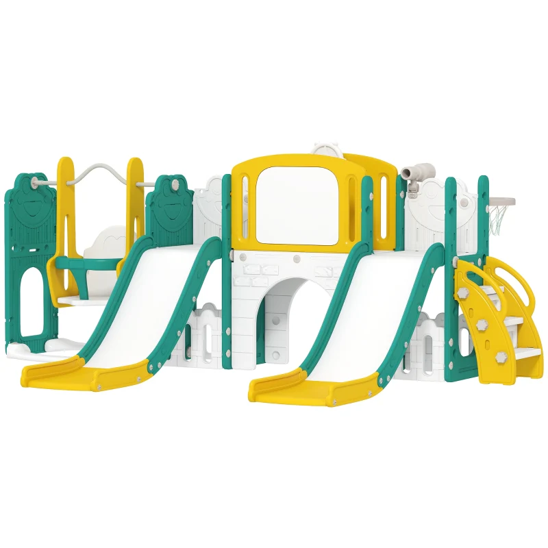 9-in-1 Toddler Slide and Swing Set with Basketball Hoop, Telescope and Drawing Board, Yellow and Green - Image 2