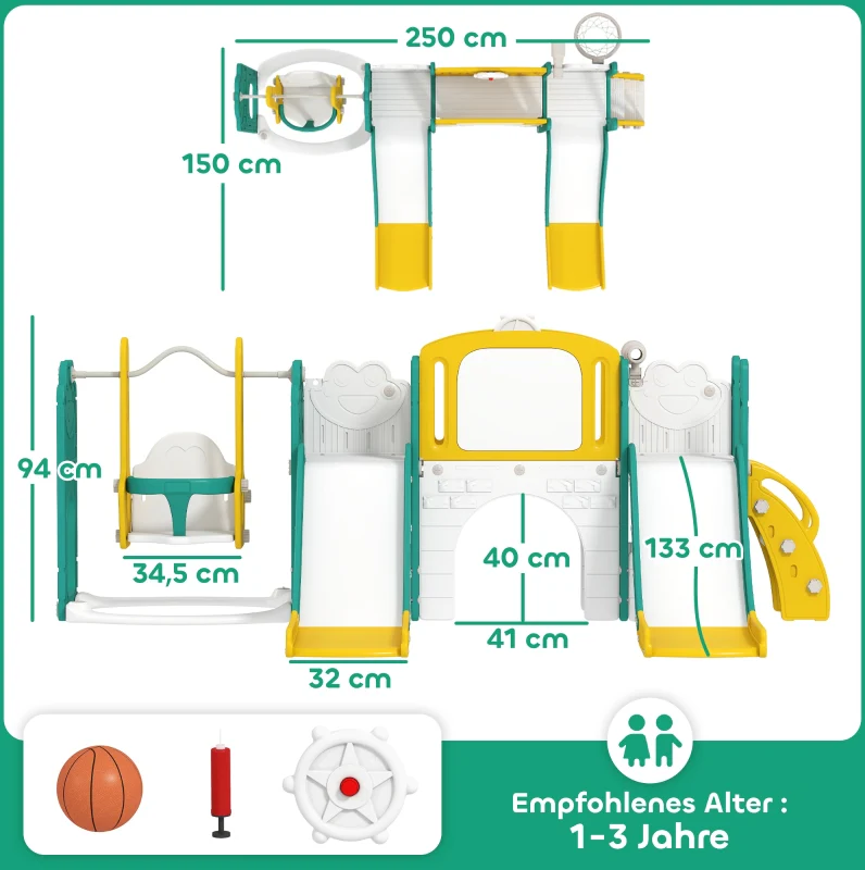 9-in-1 Toddler Slide and Swing Set with Basketball Hoop, Telescope and Drawing Board, Yellow and Green - Image 3