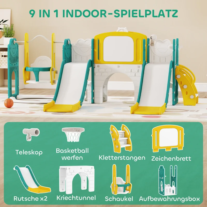 9-in-1 Toddler Slide and Swing Set with Basketball Hoop, Telescope and Drawing Board, Yellow and Green - Image 4