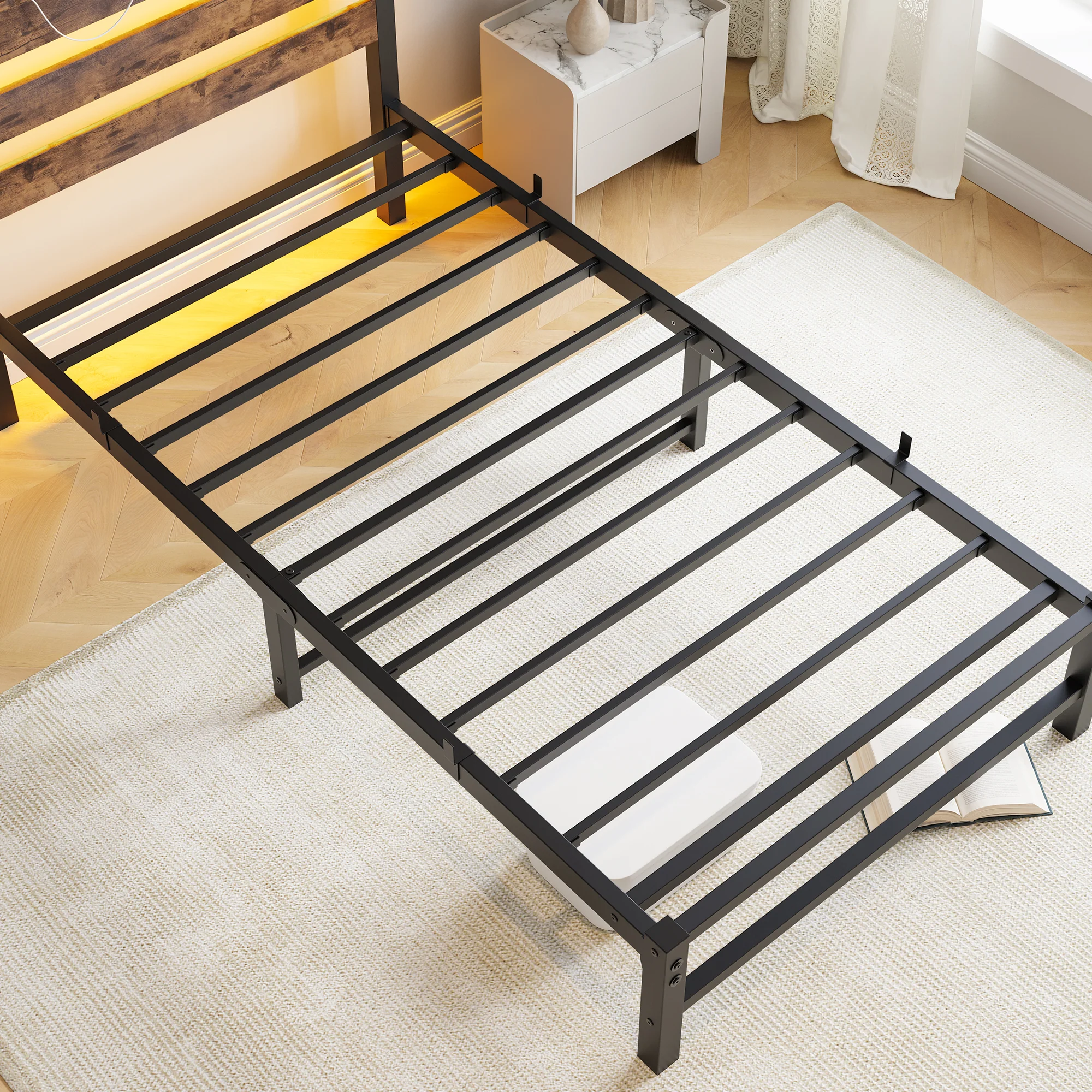 90x200 Bed Frame LED USB Charging Storage - Metal - Image 9