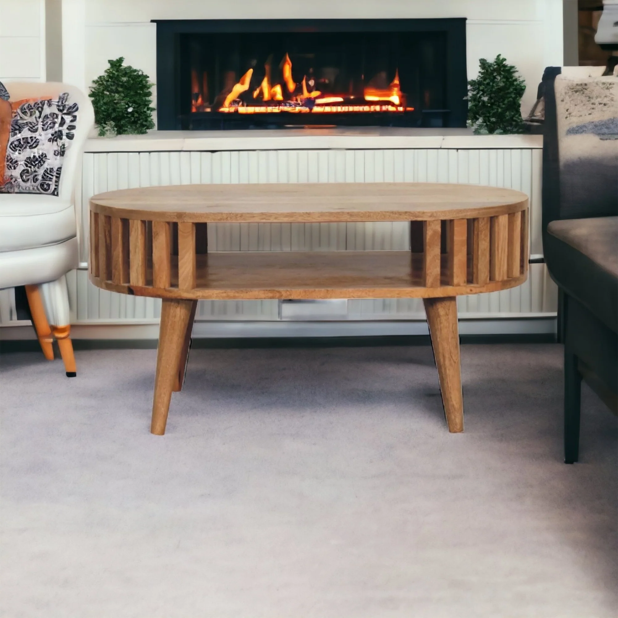 Ariella Coffee Table, 1 Shelf, Solid Wood Beige