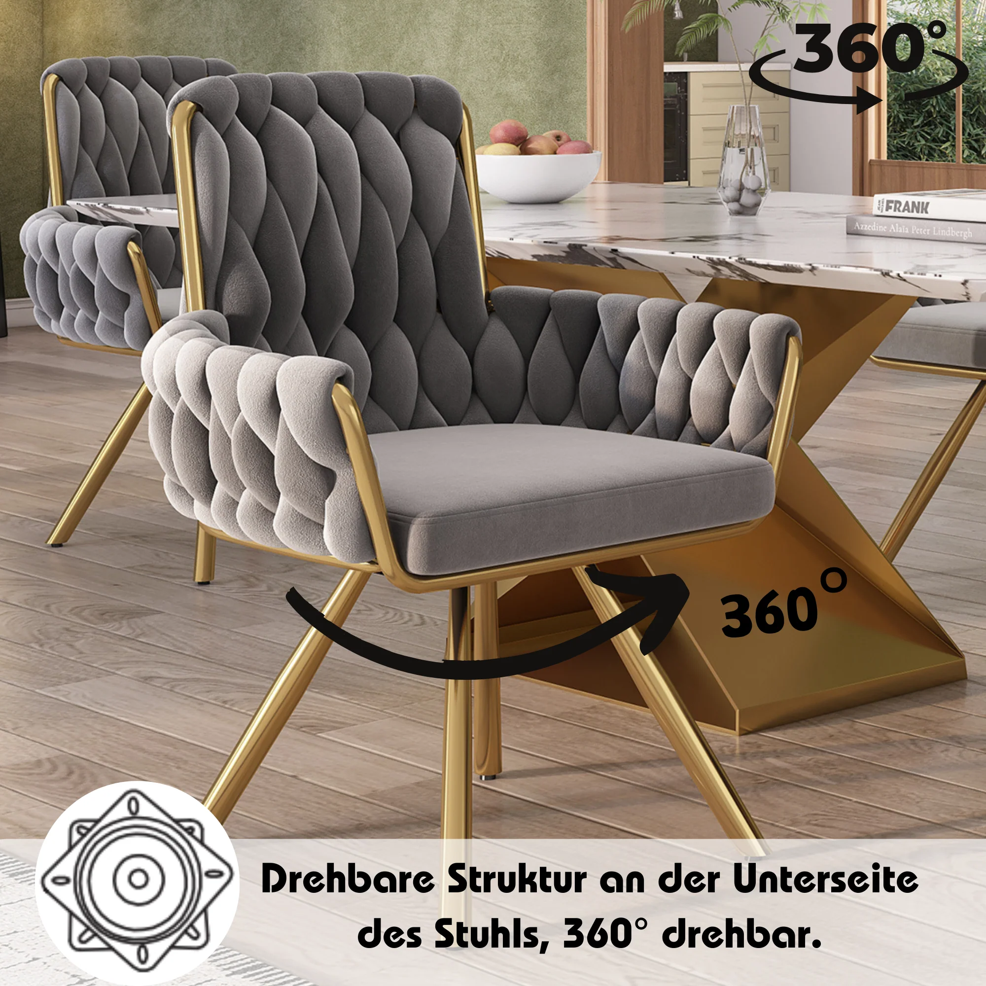 Armchair, Luxurious Single Swivel Chair with Four Metal Support Legs, Gray Velvet - Image 5