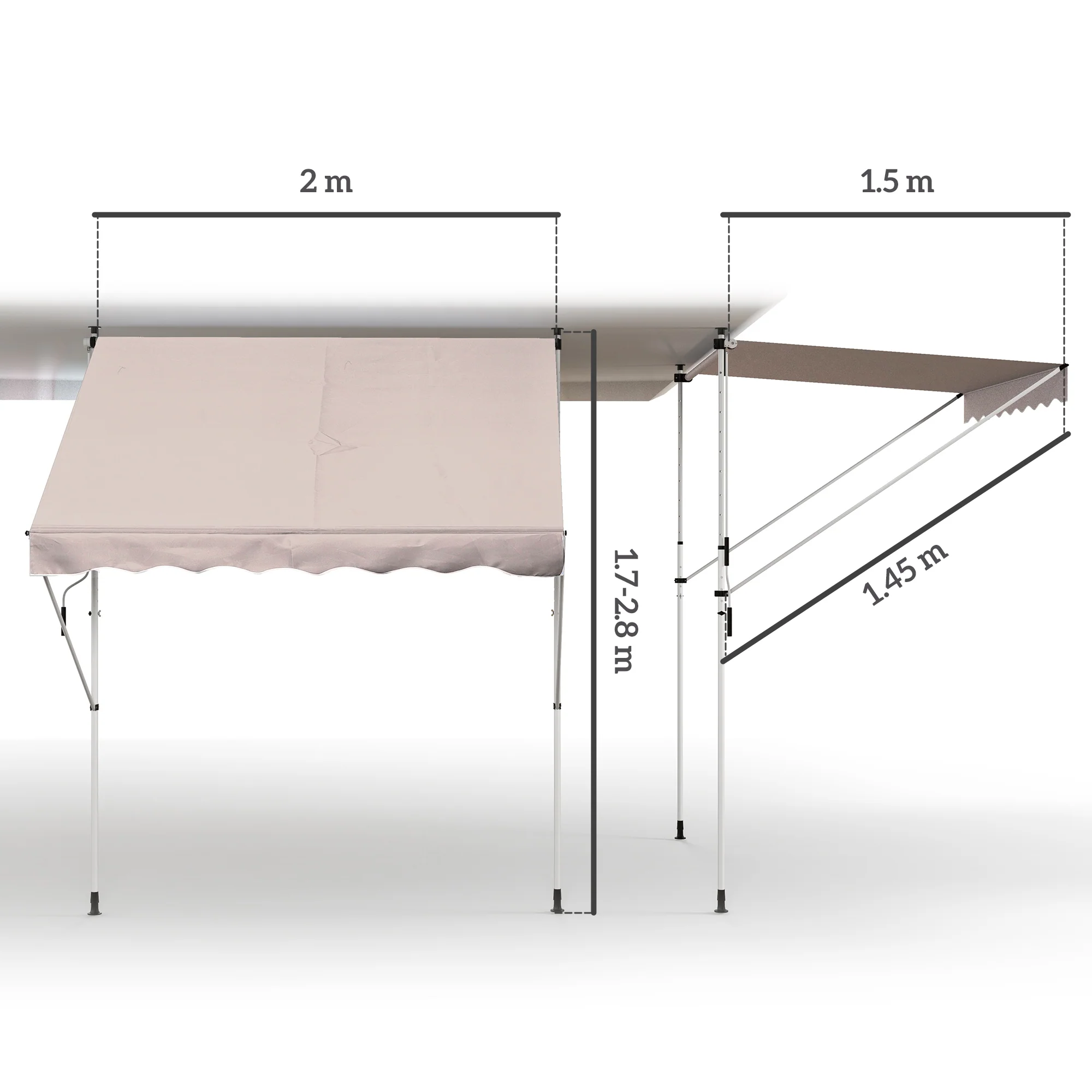 Articulated Arm Awning, Clamp, Height Adjustable 200x150cm, Cream White Aluminum - Image 3