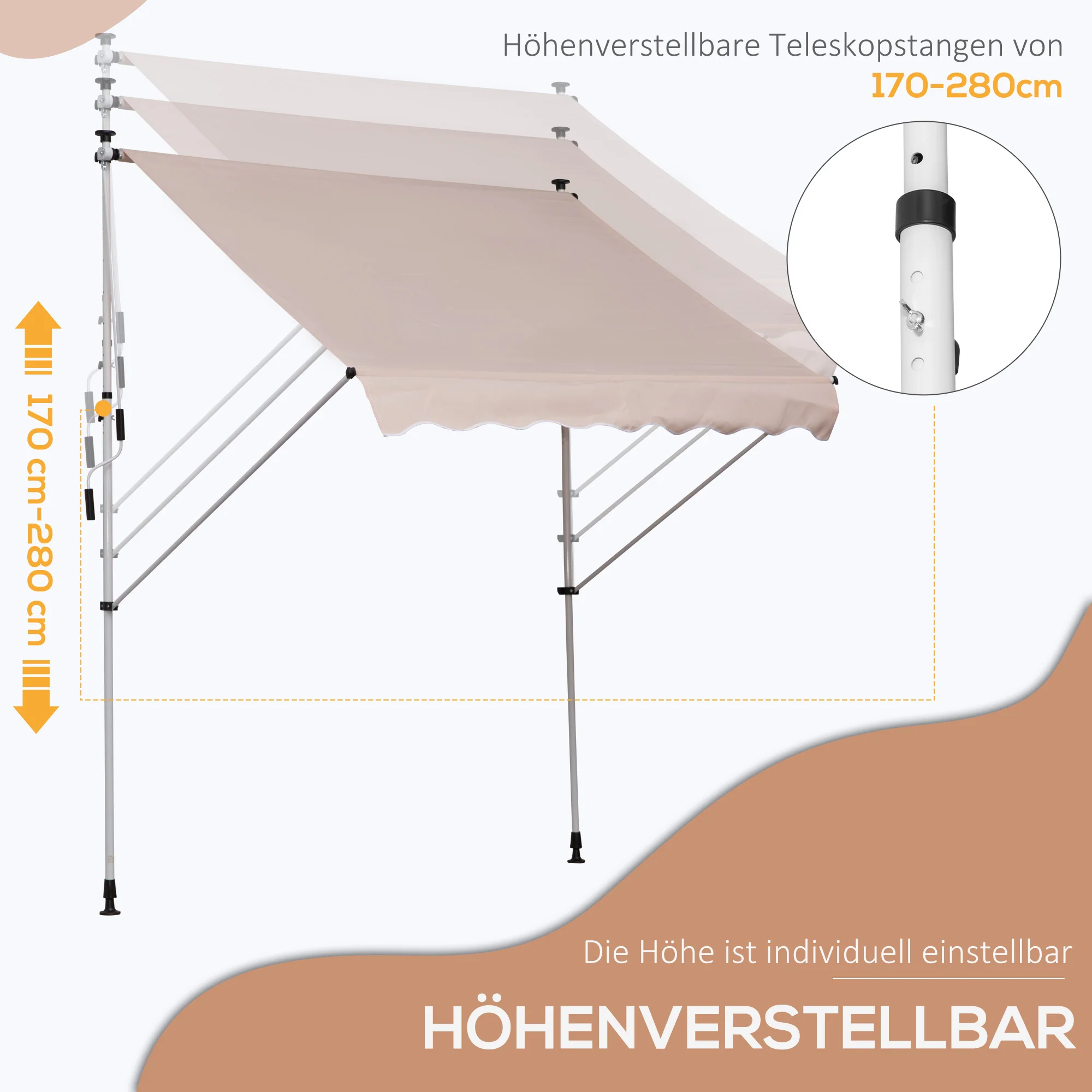 Articulated Arm Awning, Clamp, Height Adjustable 200x150cm, Cream White Aluminum - Image 4