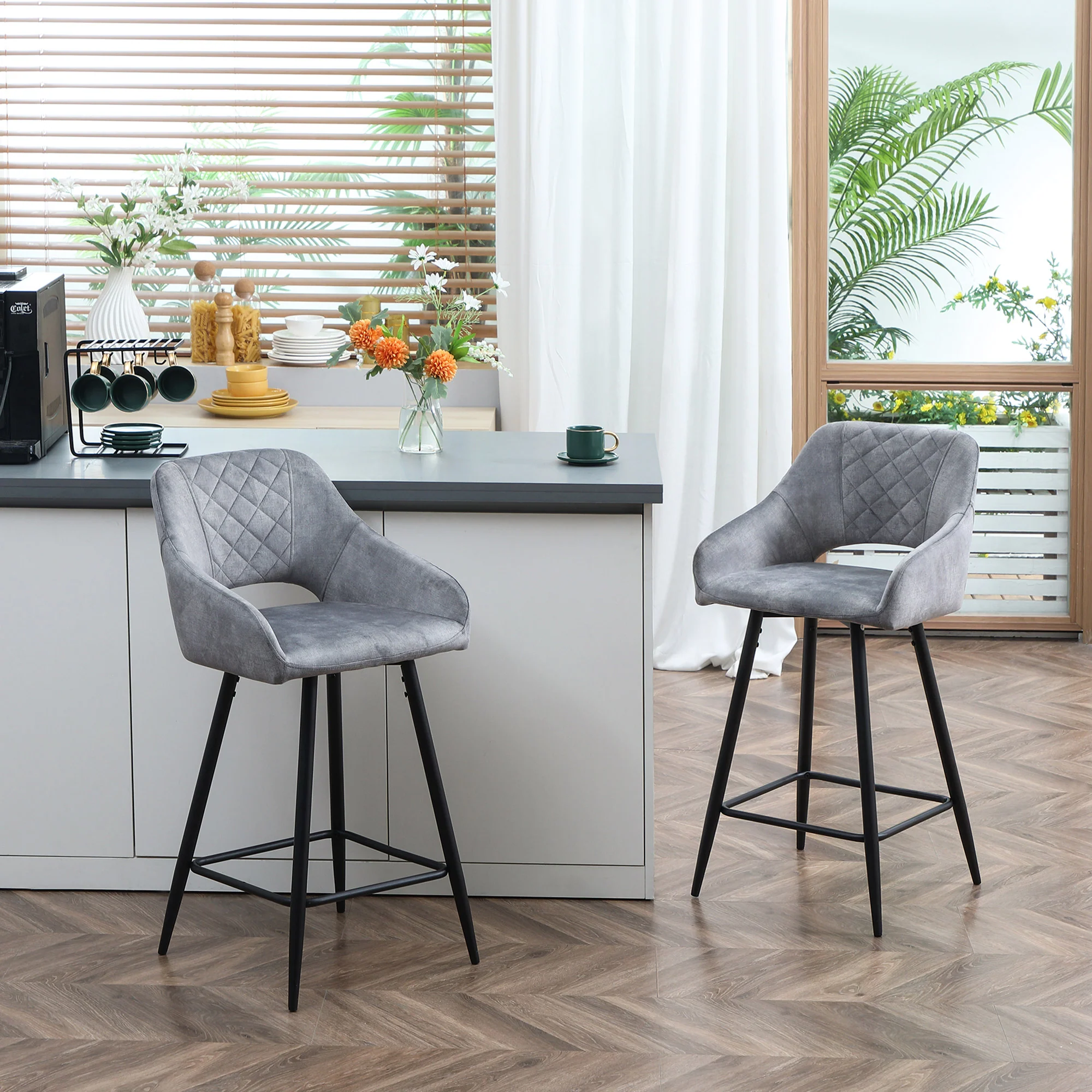 Bar Stool Set 2-Piece with Footrest, Seat Cover - Steel, Grey
