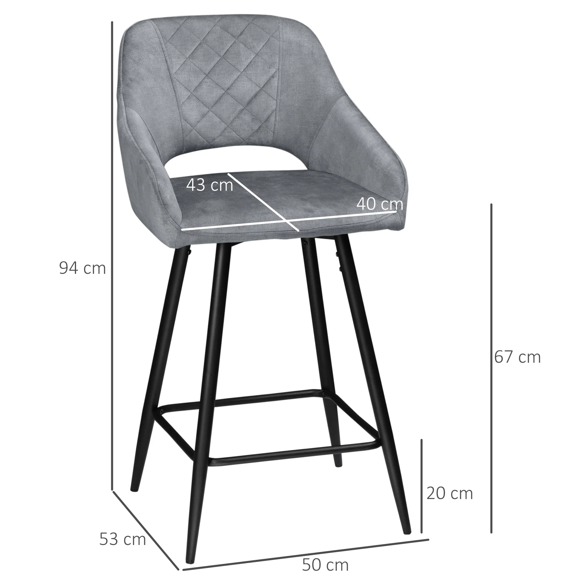 Bar Stool Set 2-Piece with Footrest, Seat Cover - Steel, Grey - Image 3