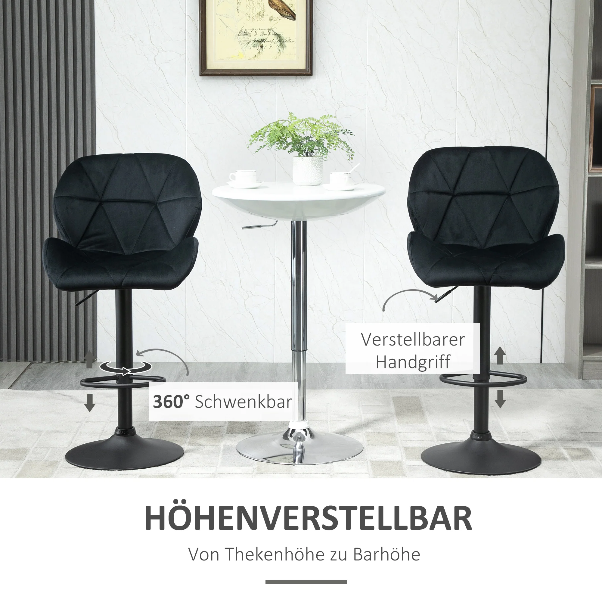 Bar Stools, Swivel Height-Adjustable with Backrest, Velvet Black - Image 4