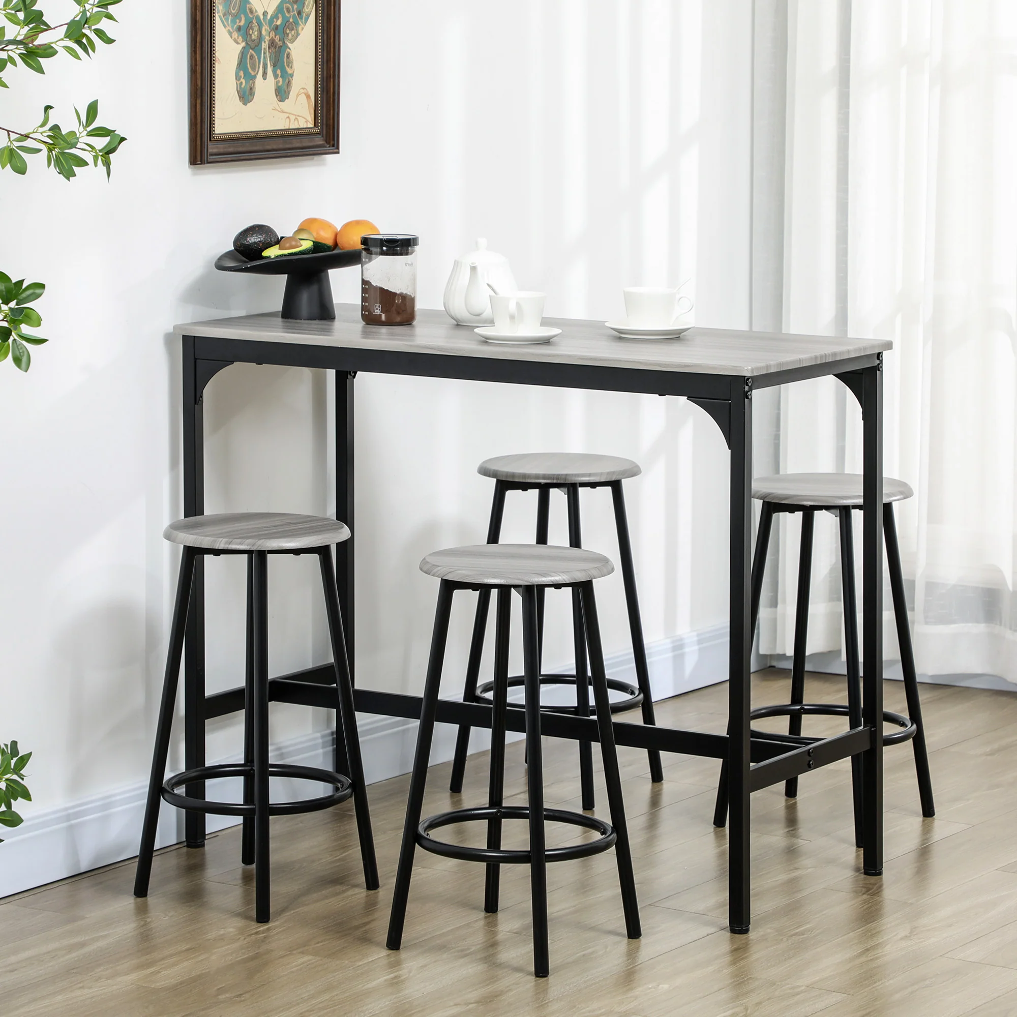 Bar Table with Stool Set, 5-Piece Industrial Design, Metal, Gray