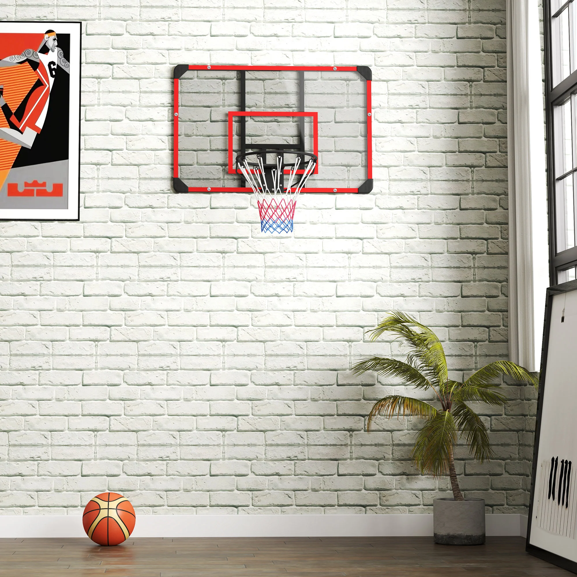 Basketball Hoop, Wall-Mounted Outdoor Backboard, Steel Red