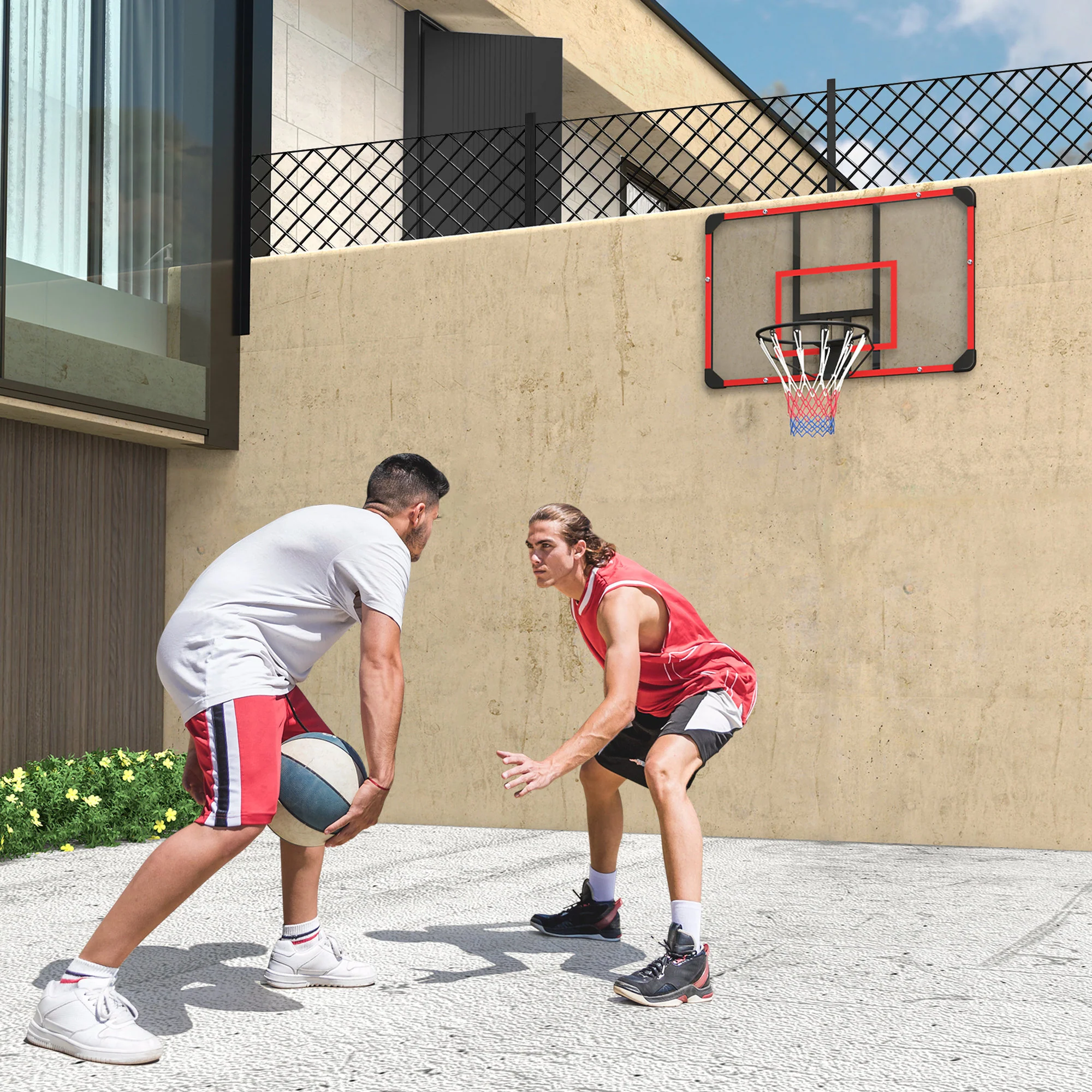 Basketball Hoop, Wall-Mounted Outdoor Backboard, Steel Red - Image 3