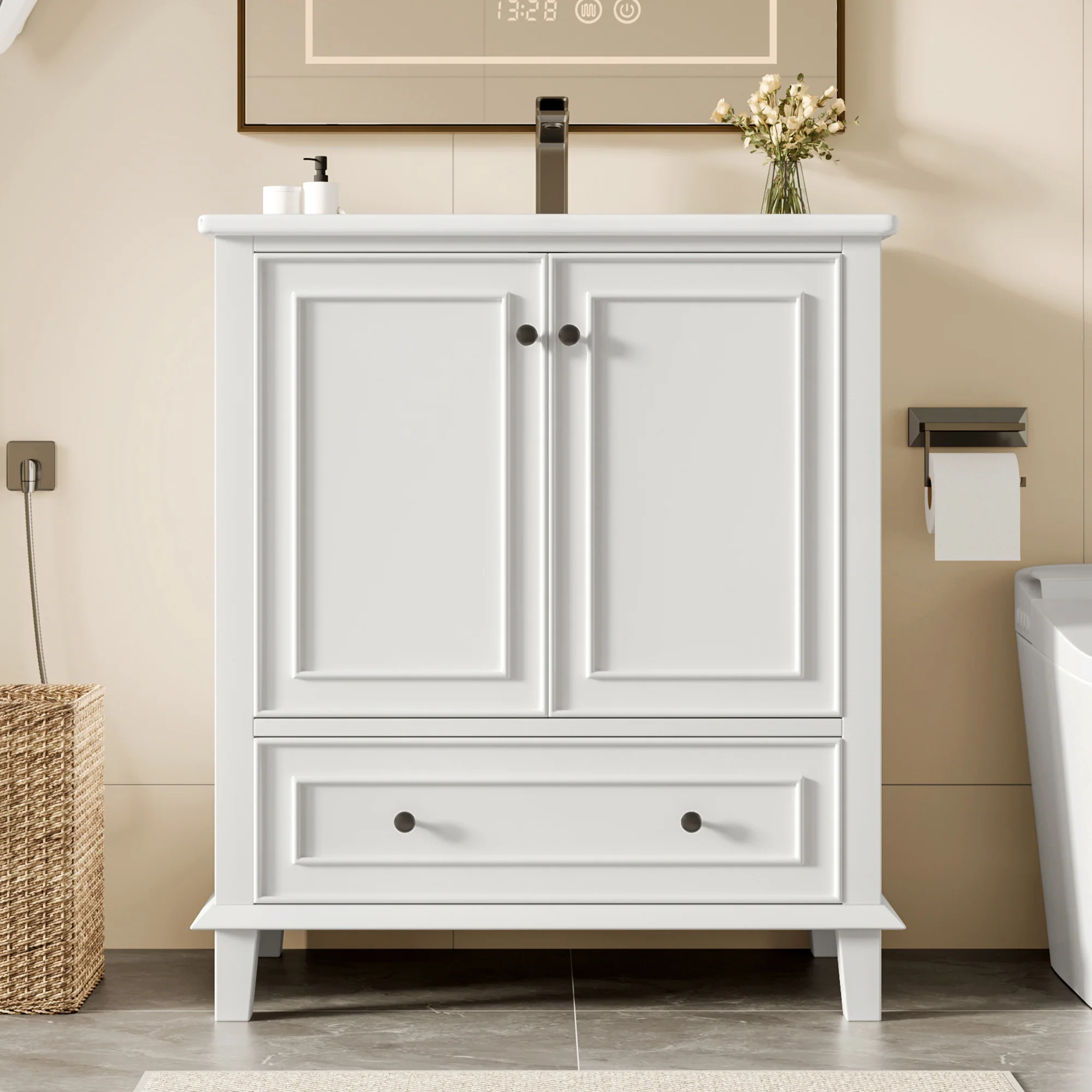 Bathroom Vanity Unit with Ceramic Sink and Solid Wood Legs, White - Image 5
