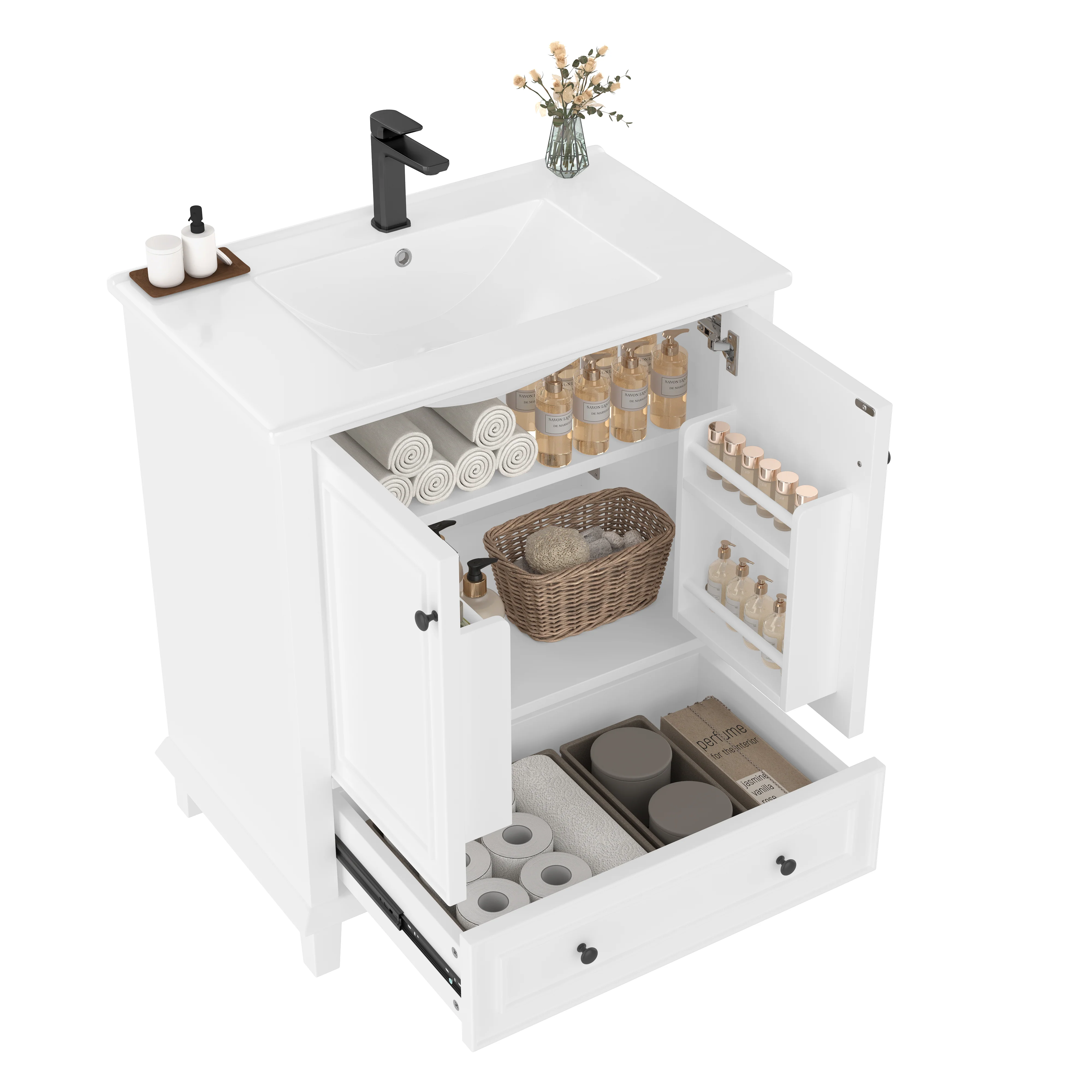 Bathroom Vanity Unit with Ceramic Sink and Solid Wood Legs, White - Image 7