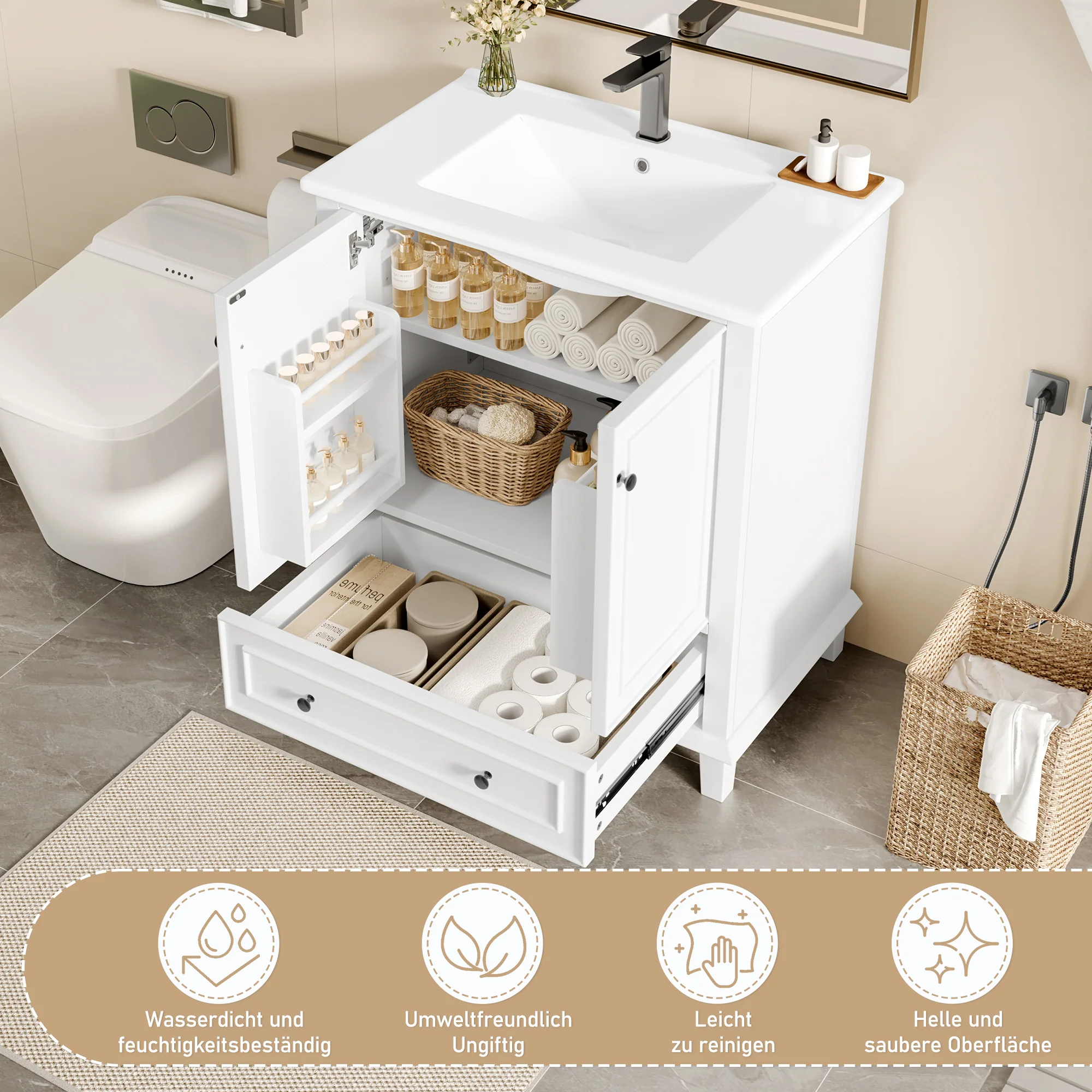 Bathroom Vanity Unit with Ceramic Sink and Solid Wood Legs, White - Image 9