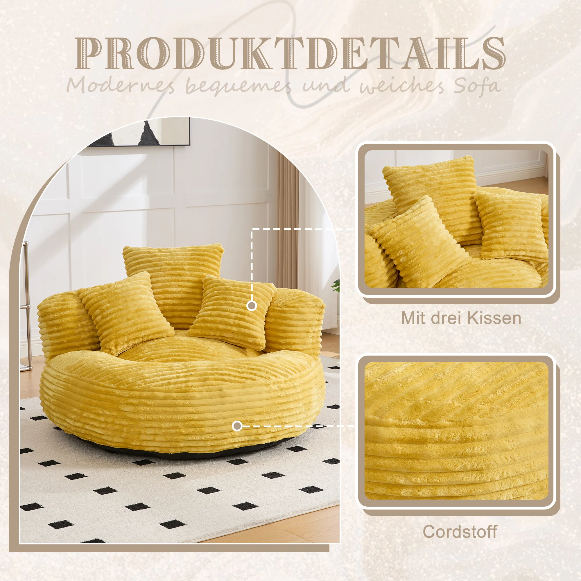 Beanbag High Back Lounger with 3 Cushions - Corduroy - Image 2