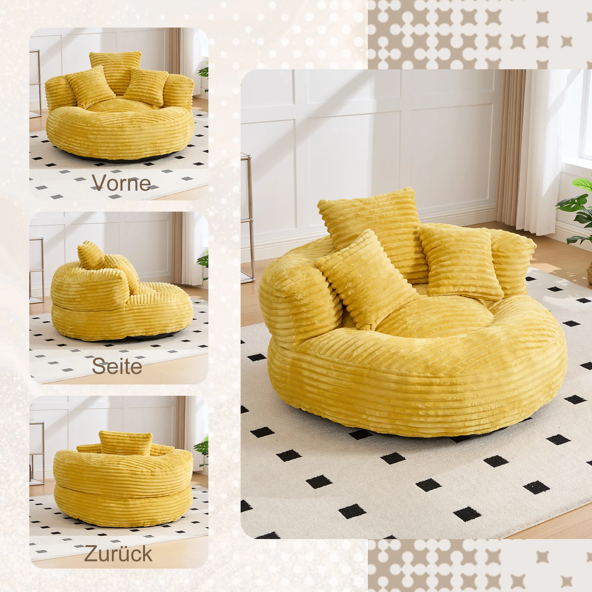 Beanbag High Back Lounger with 3 Cushions - Corduroy - Image 5