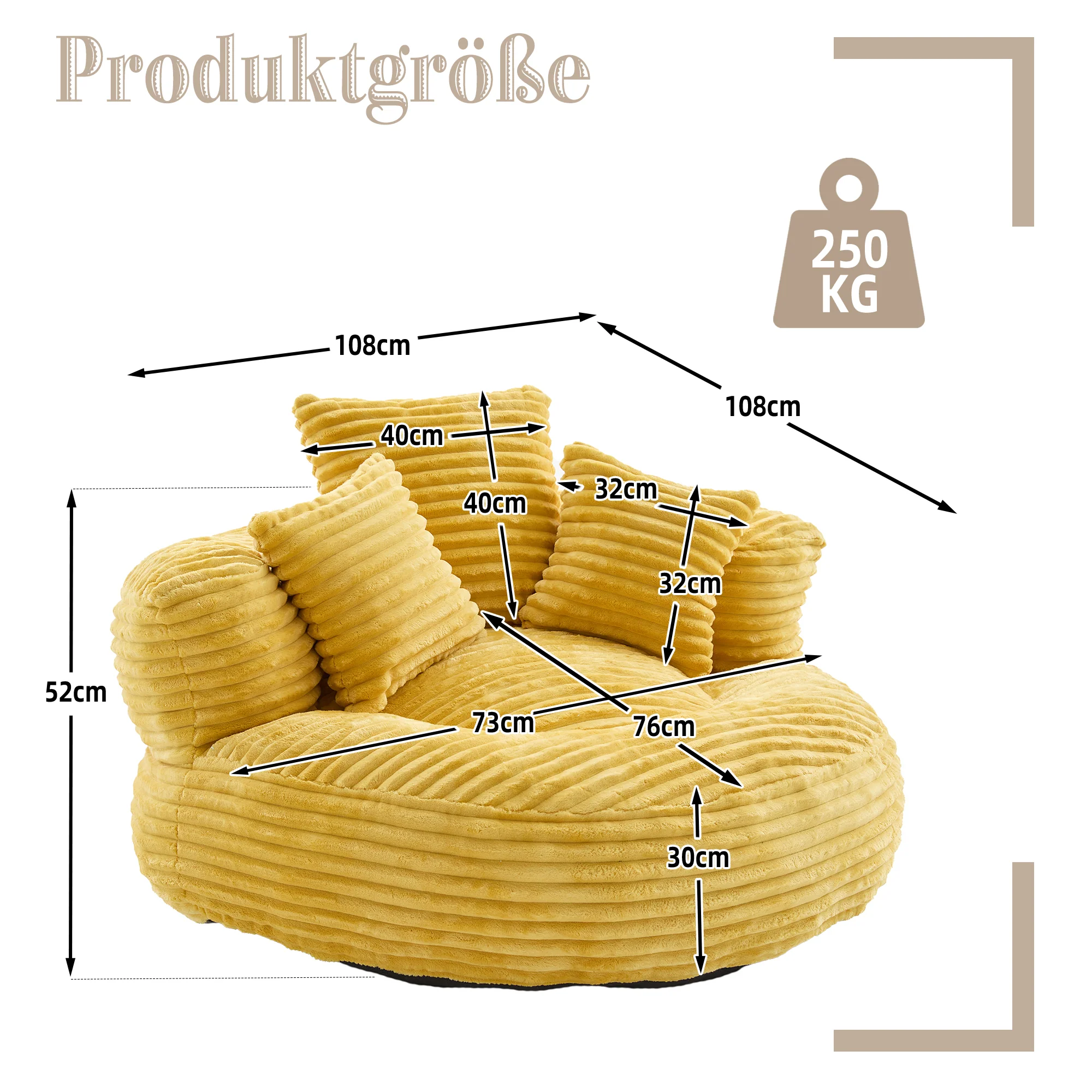 Beanbag High Back Lounger with 3 Cushions - Corduroy - Image 6