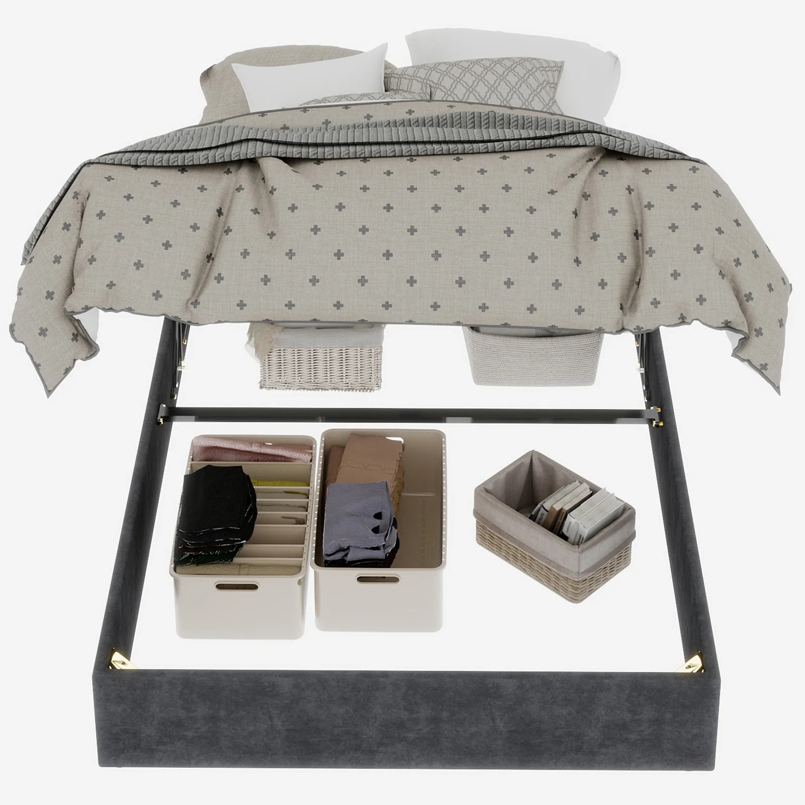 Bed Frame 140x200cm Gas Lift Storage, Grey Dutch Velvet Fabric - Image 2