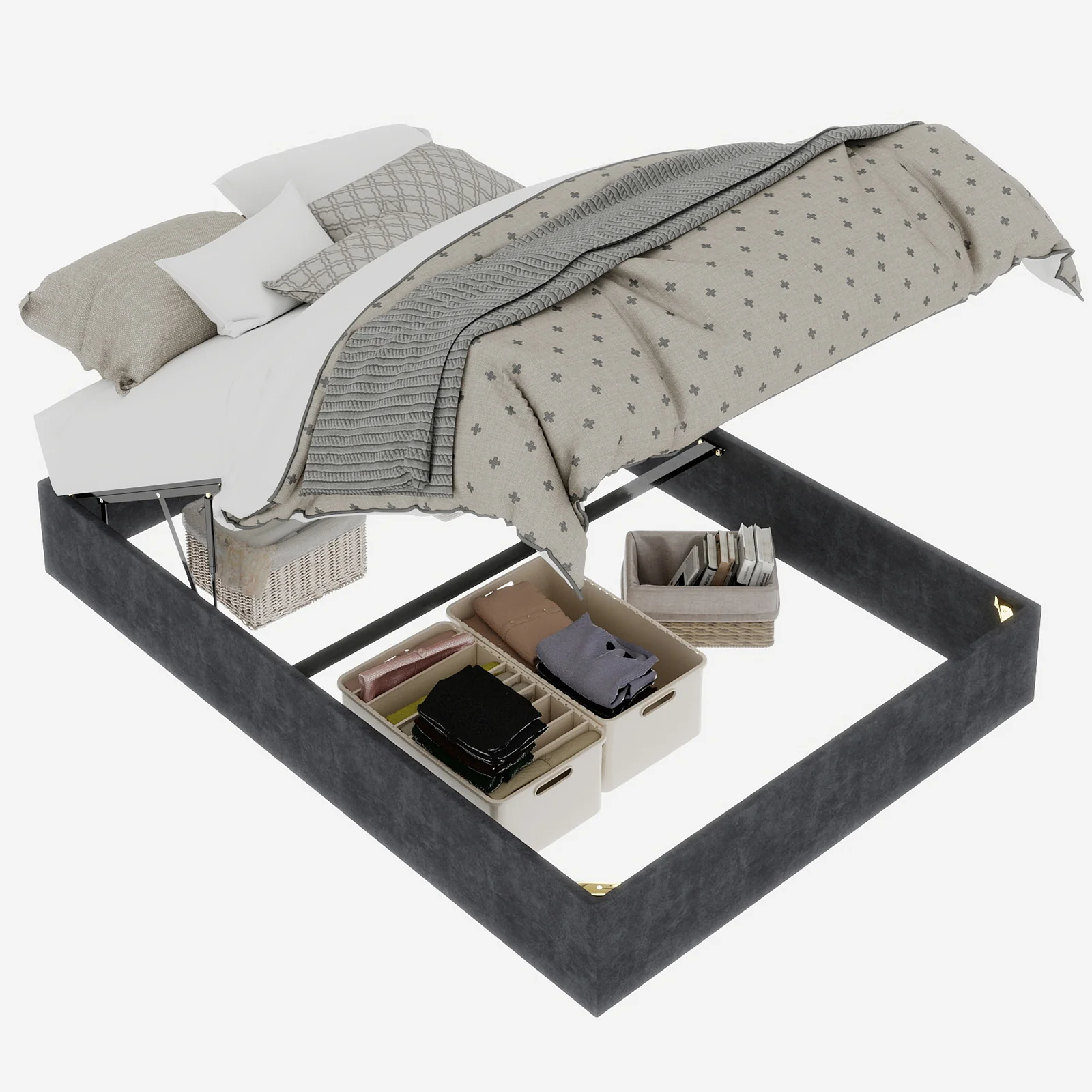 Bed Frame 140x200cm Gas Lift Storage, Grey Dutch Velvet Fabric - Image 5