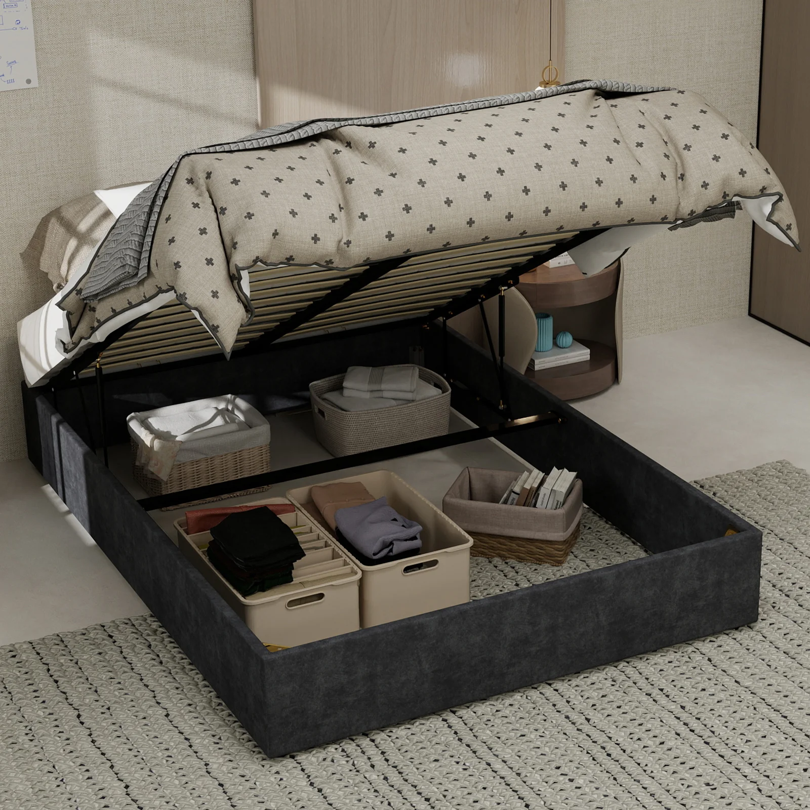 Bed Frame 140x200cm Gas Lift Storage, Grey Dutch Velvet Fabric - Image 6