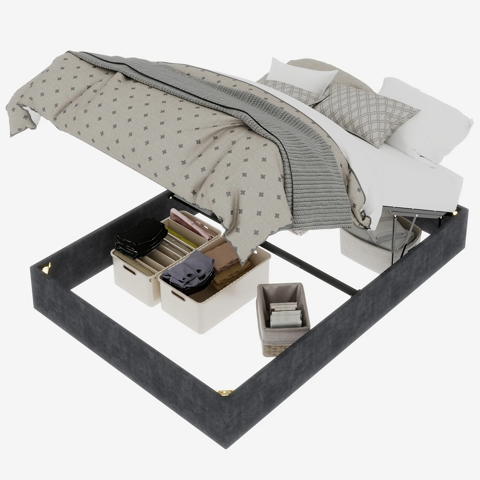 Bed Frame 140x200cm Gas Lift Storage, Grey Dutch Velvet Fabric - Image 7