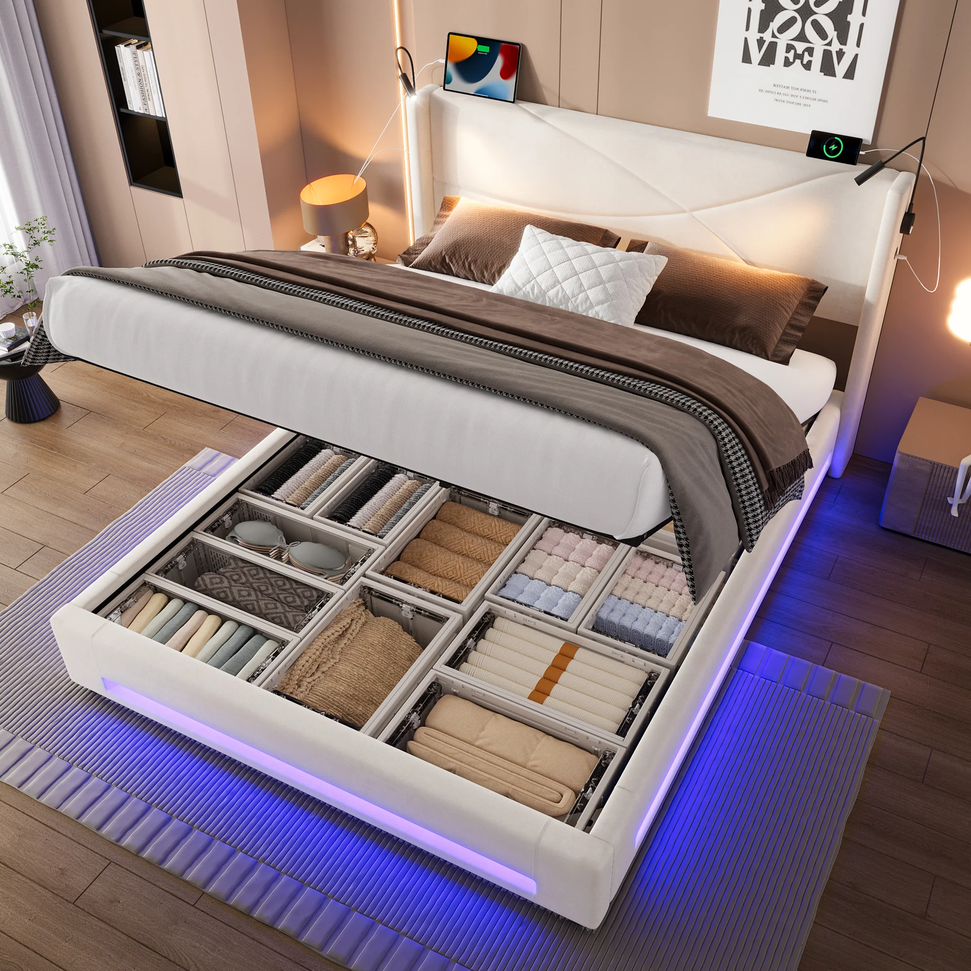 Bed Frame 160x200cm Hydraulic Storage LED/USB Ports Modern Design