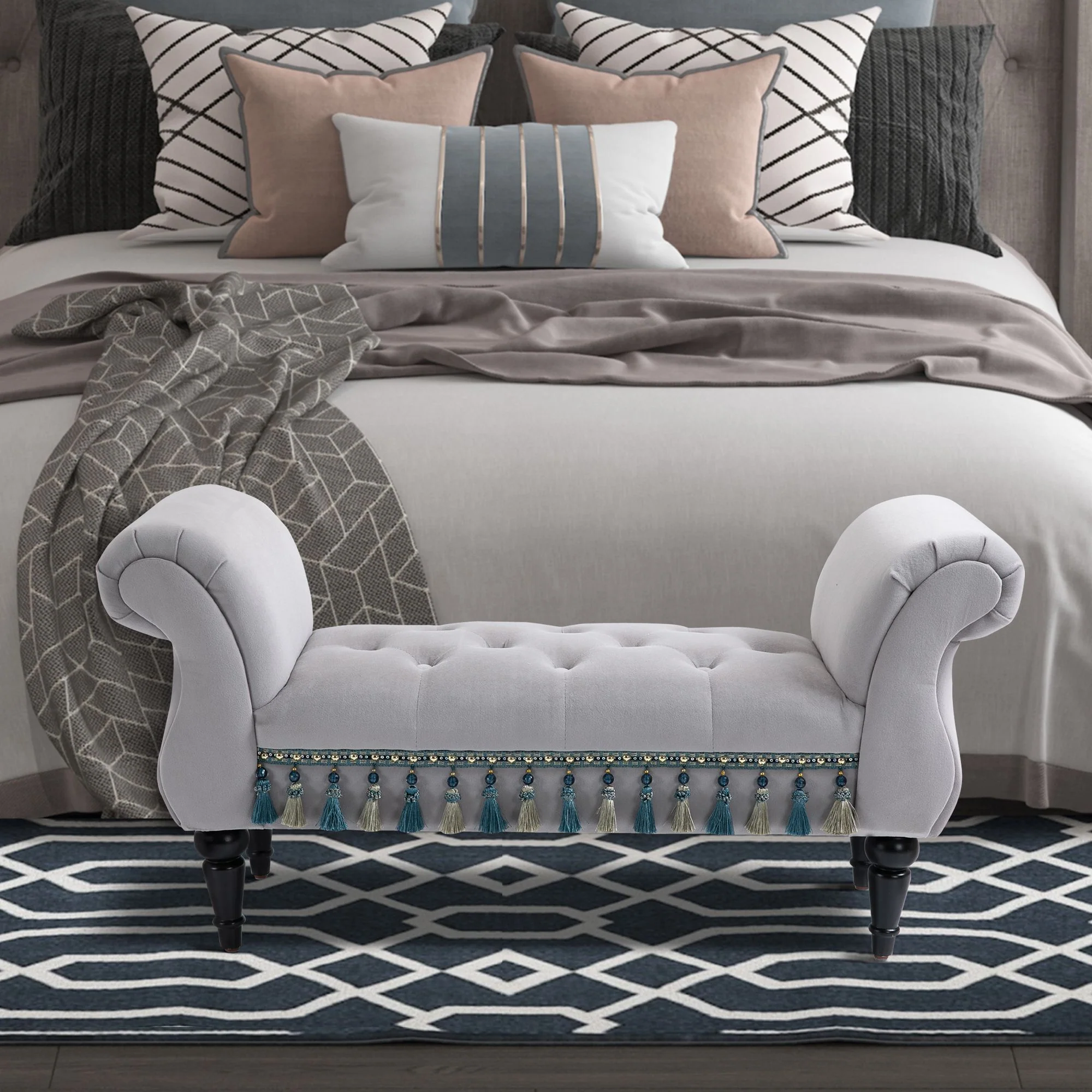 Bench Upholstered Bed Stool Wooden, Grey Polyester