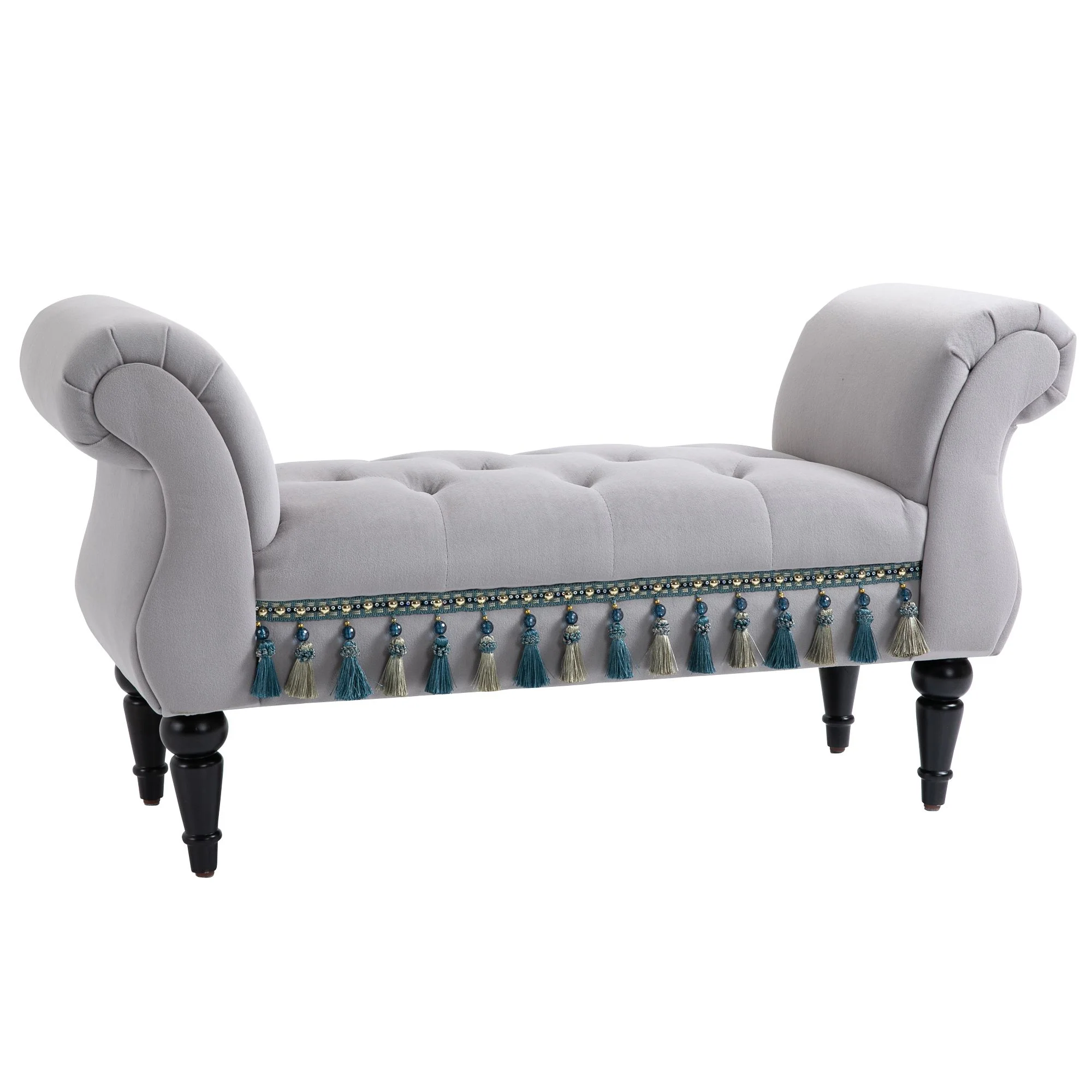 Bench Upholstered Bed Stool Wooden, Grey Polyester - Image 2