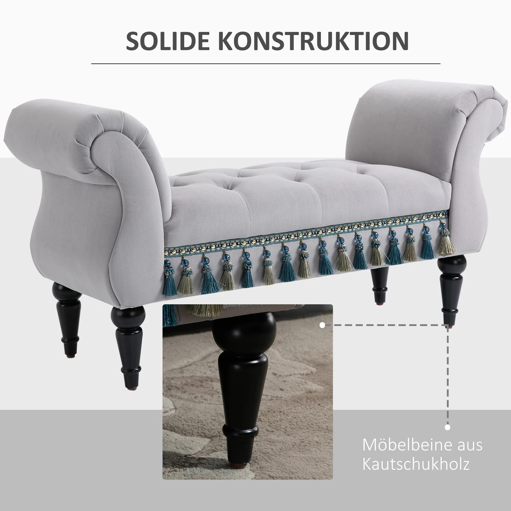 Bench Upholstered Bed Stool Wooden, Grey Polyester - Image 4