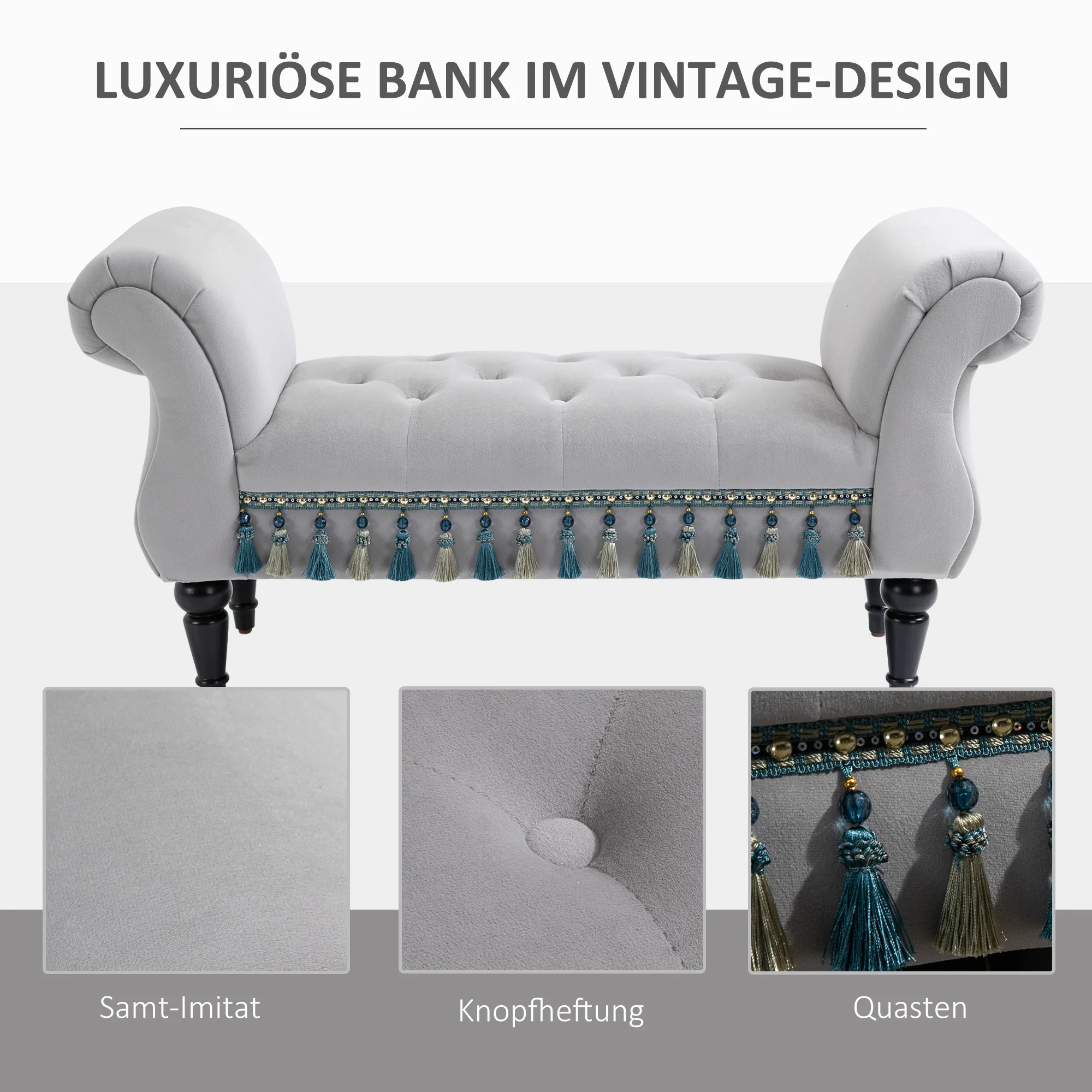Bench Upholstered Bed Stool Wooden, Grey Polyester - Image 5