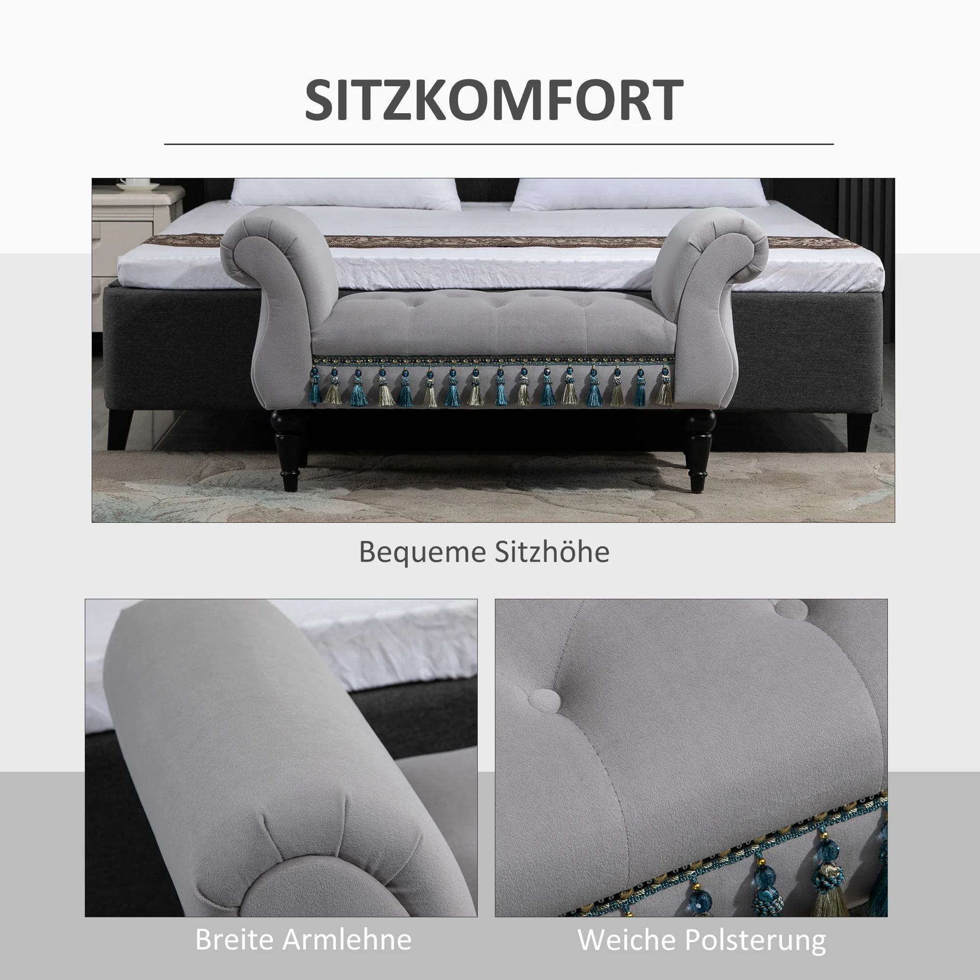 Bench Upholstered Bed Stool Wooden, Grey Polyester - Image 6