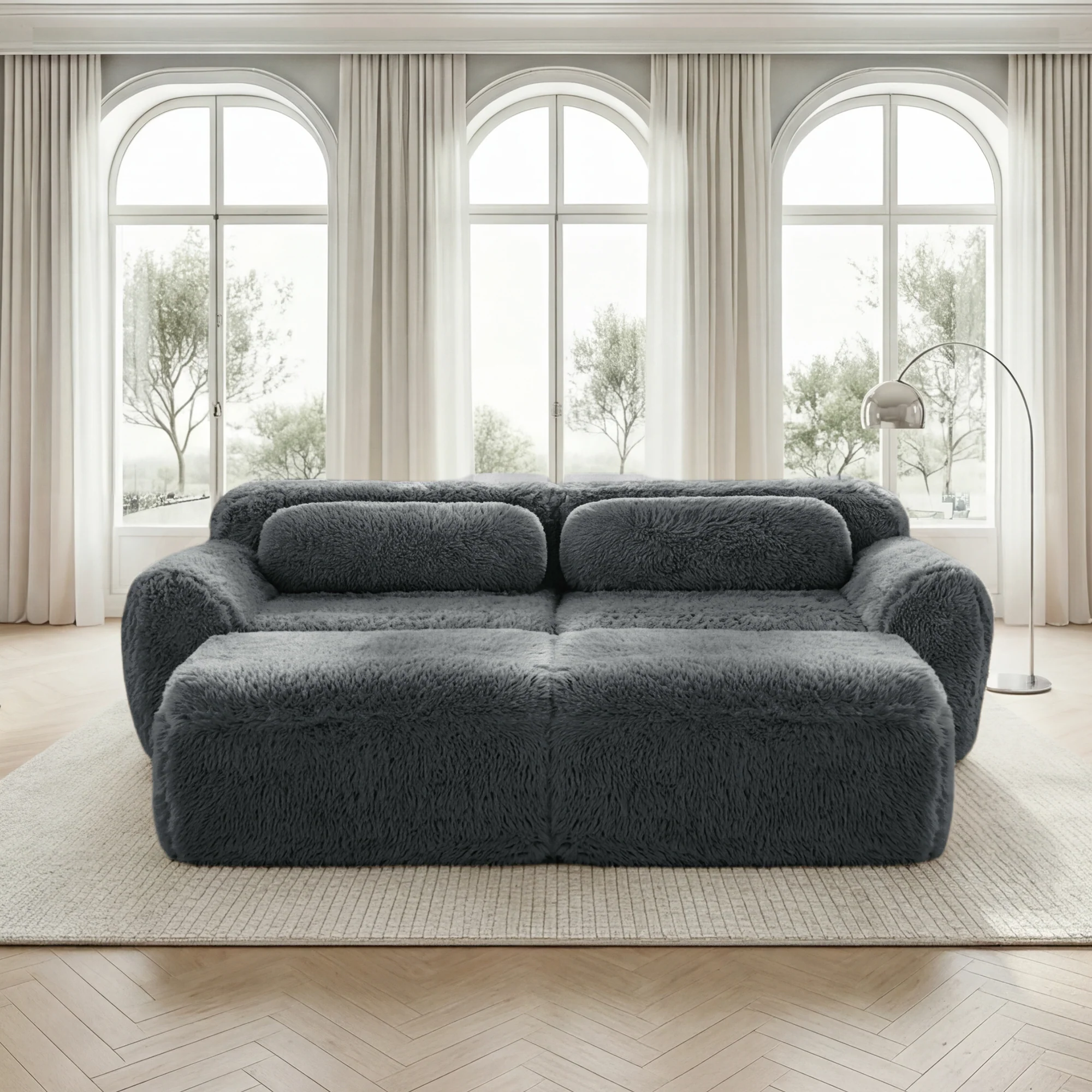 Boneless Cloud Modular Sleeper Sofa 2 Ottomans Plush Fabric - Grey - Image 2