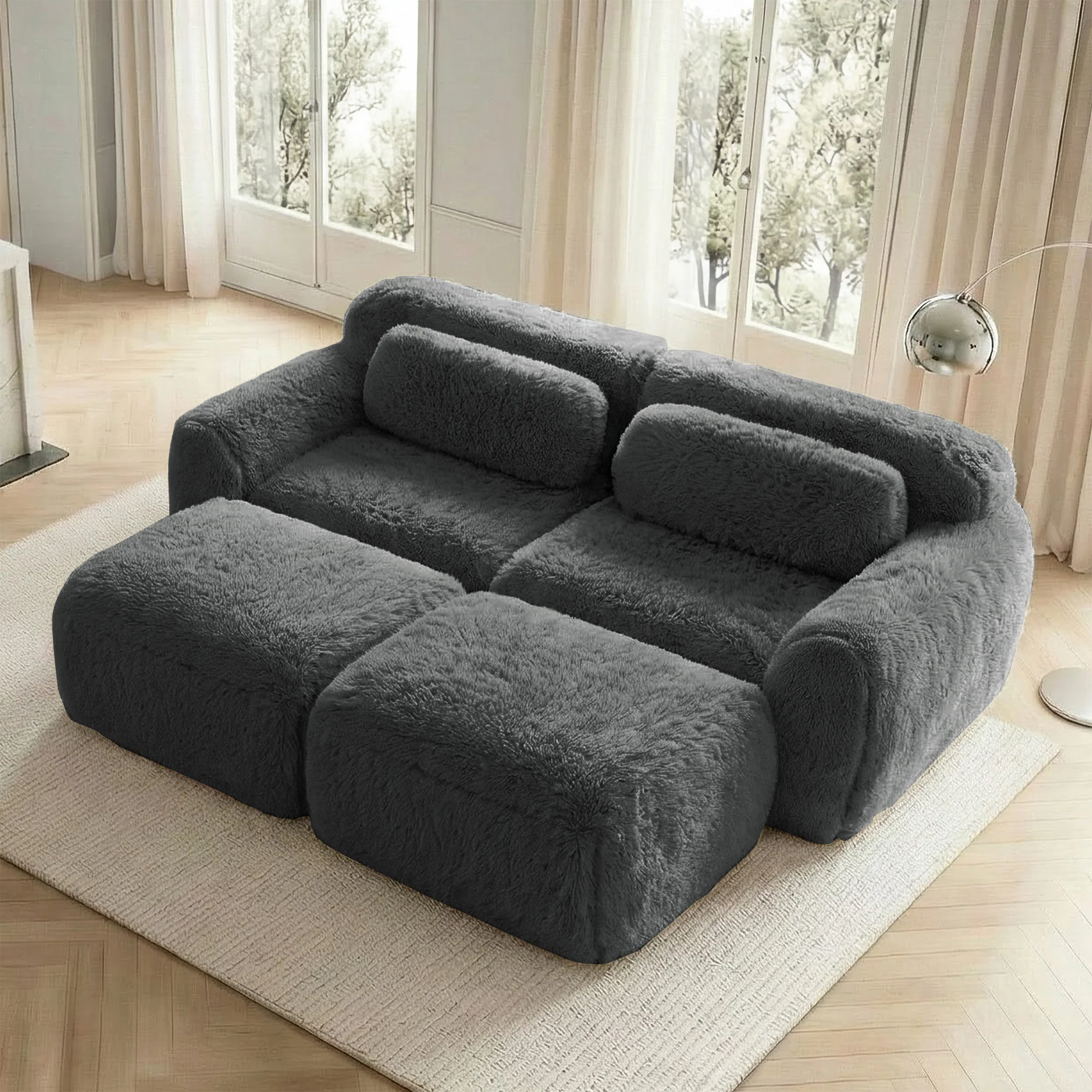 Boneless Cloud Modular Sleeper Sofa 2 Ottomans Plush Fabric - Grey - Image 3