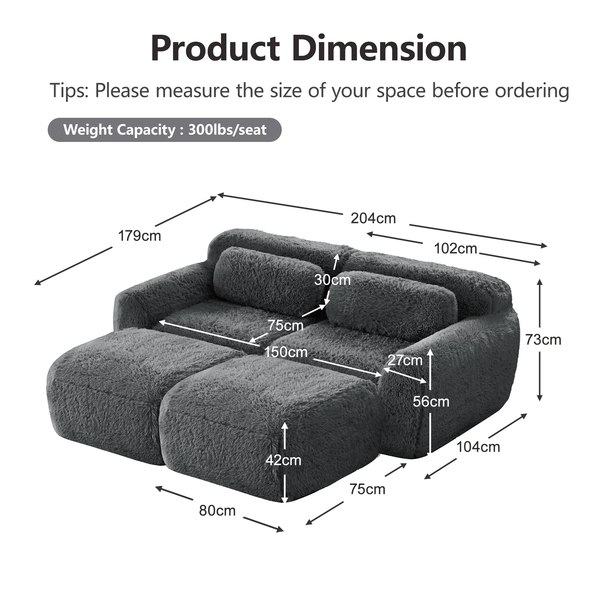 Boneless Cloud Modular Sleeper Sofa 2 Ottomans Plush Fabric - Grey - Image 7