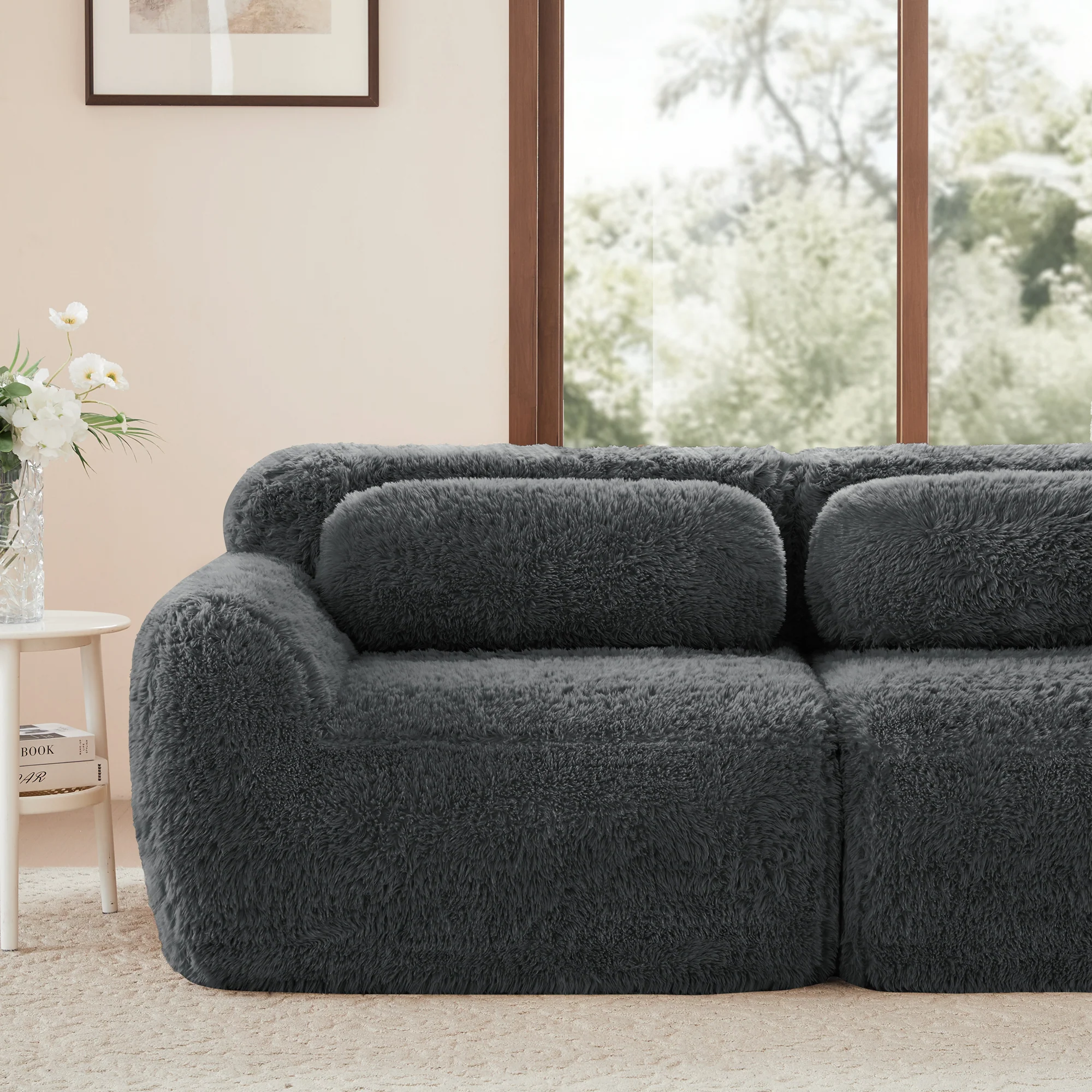 Boneless Cloud Modular Sleeper Sofa 2 Ottomans Plush Fabric - Grey - Image 9