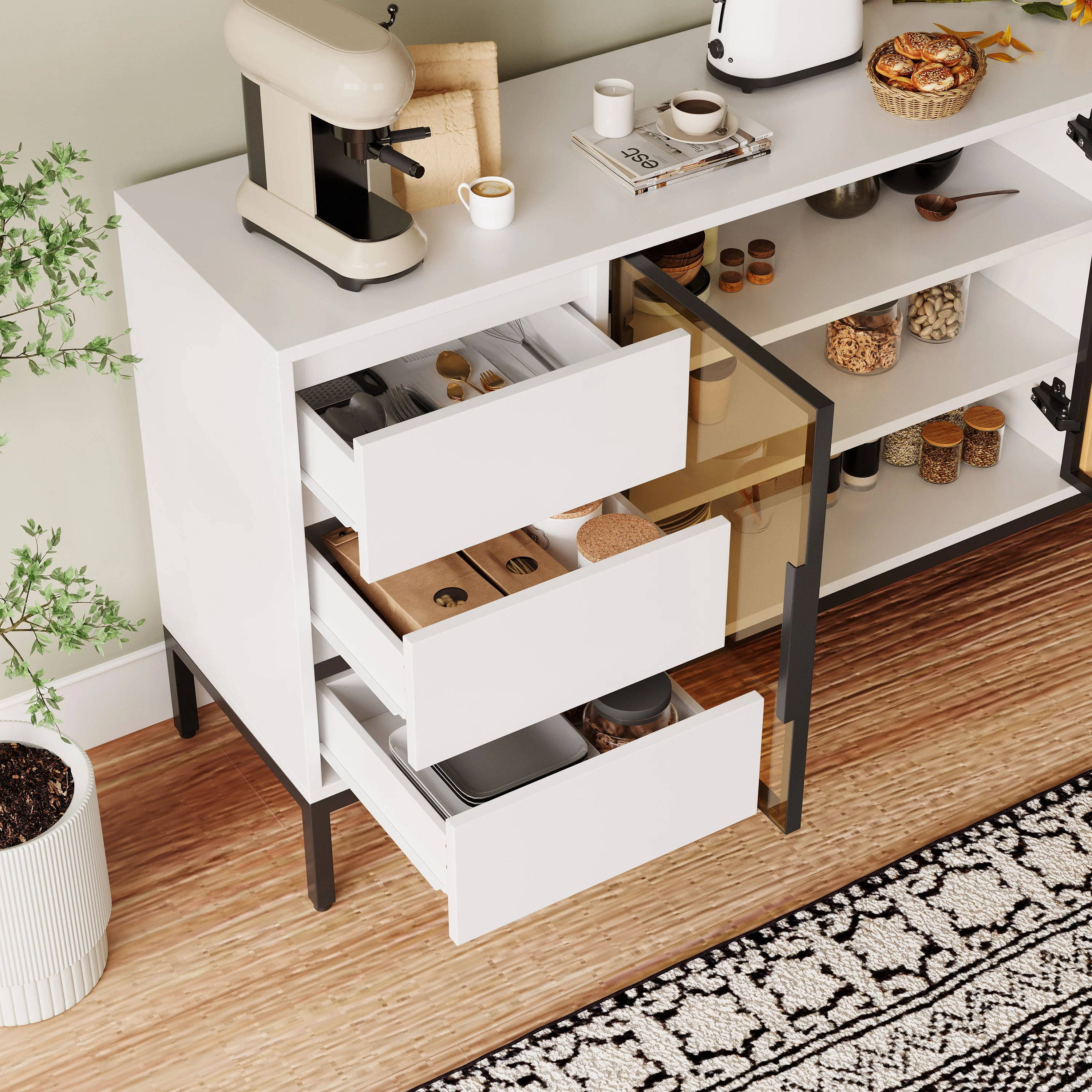 Buffet Cabinet with Doors, 3 Drawers & Display Storage - White - Image 8