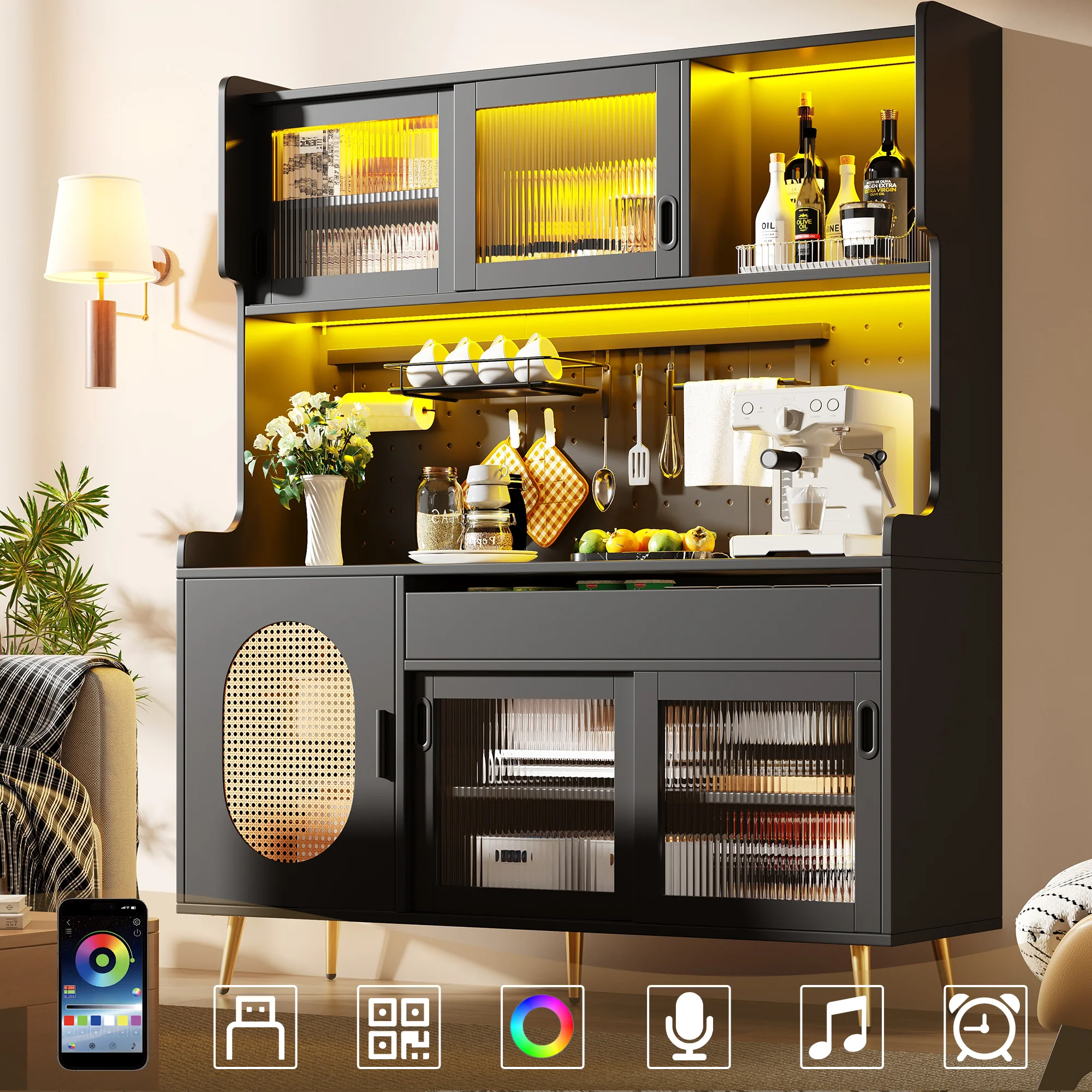 Buffet Cabinet with LED Light Strip and Fluted Glass Doors, Brown and Black