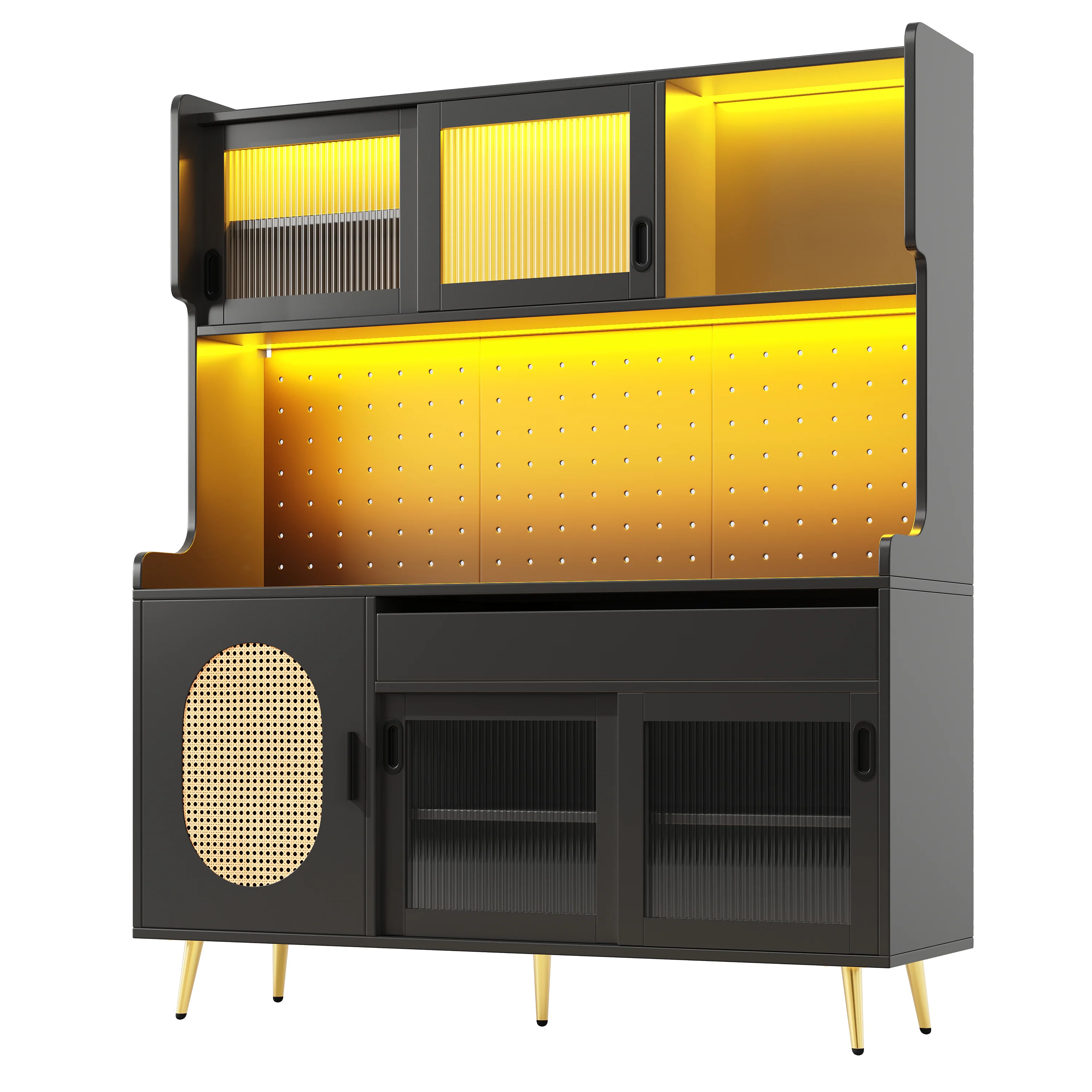 Buffet Cabinet with LED Light Strip and Fluted Glass Doors, Brown and Black - Image 10